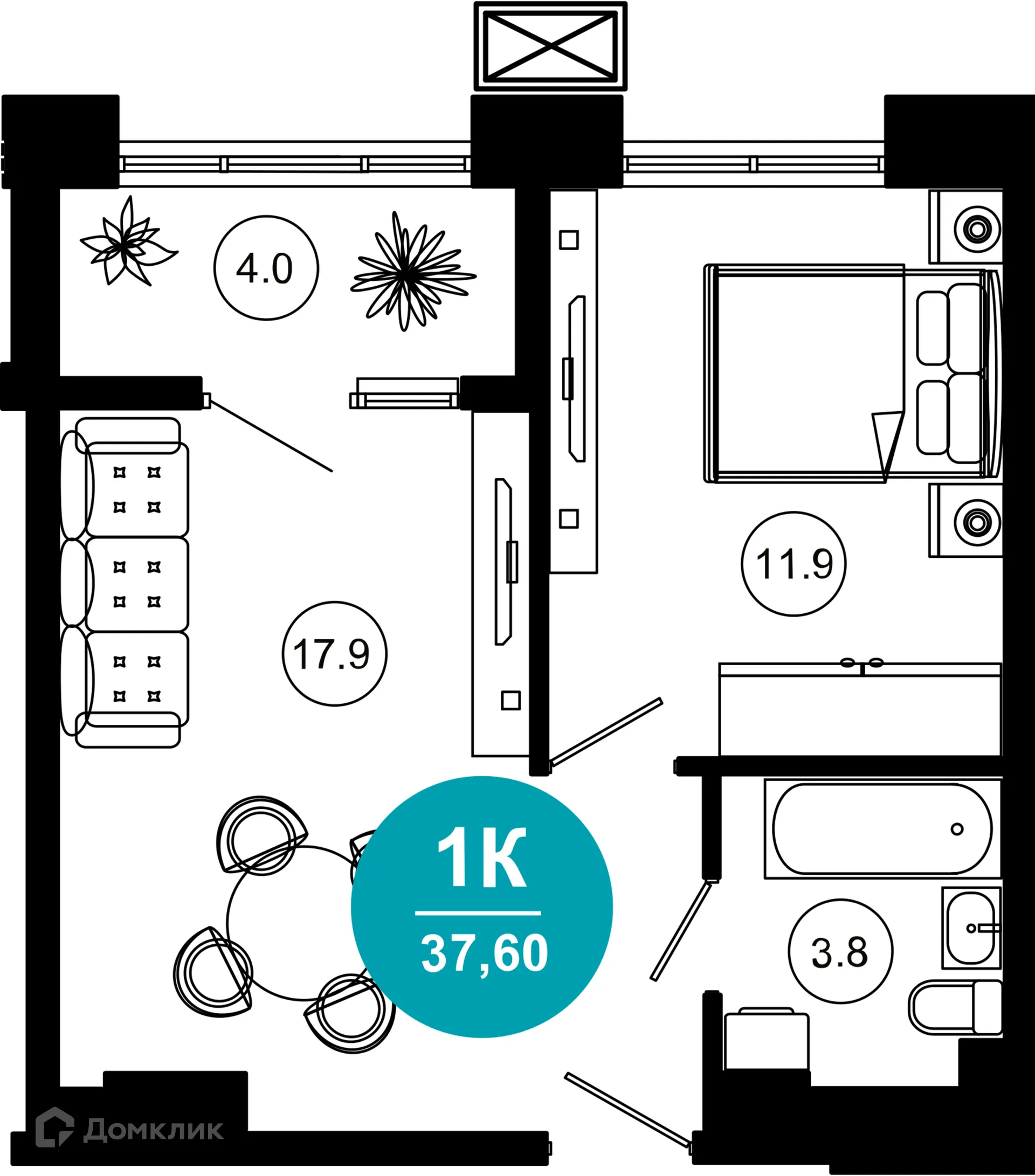 Планировка 2-комнатной квартиры 37.6 м² в ЖК Гостиничный комплекс "Нескучный сад", г. Сочи — фото 1