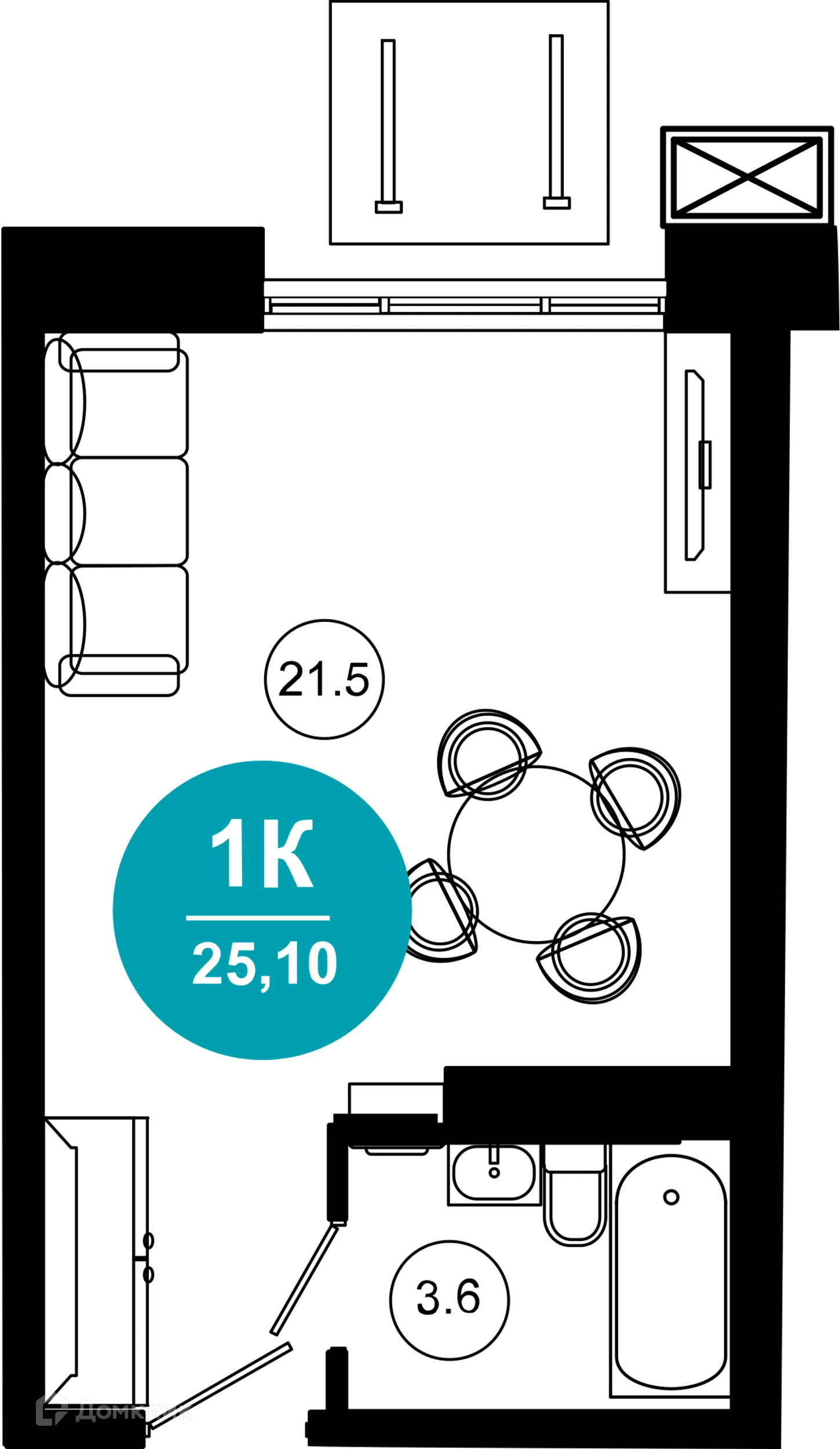 Планировка 1-комнатной квартиры 25.1 м² в ЖК Гостиничный комплекс "Нескучный сад", г. Сочи — фото 1