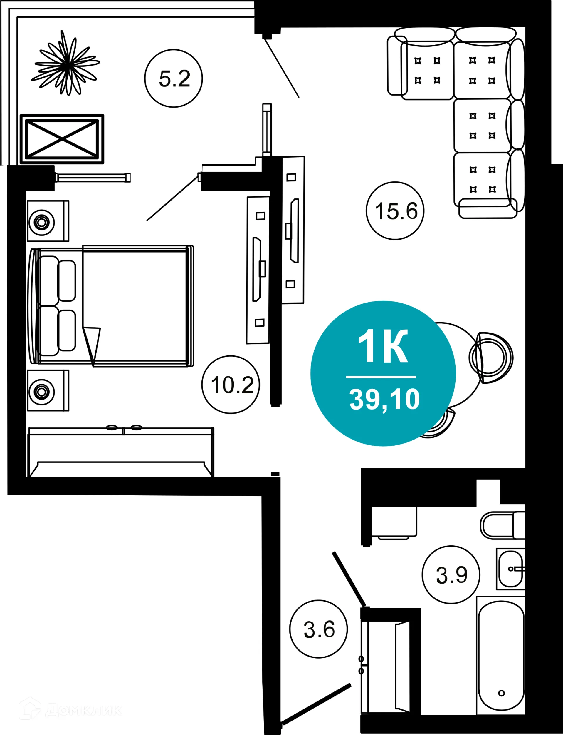 Планировка 2-комнатной квартиры 39.1 м² в ЖК Гостиничный комплекс "Нескучный сад", г. Сочи — фото 1
