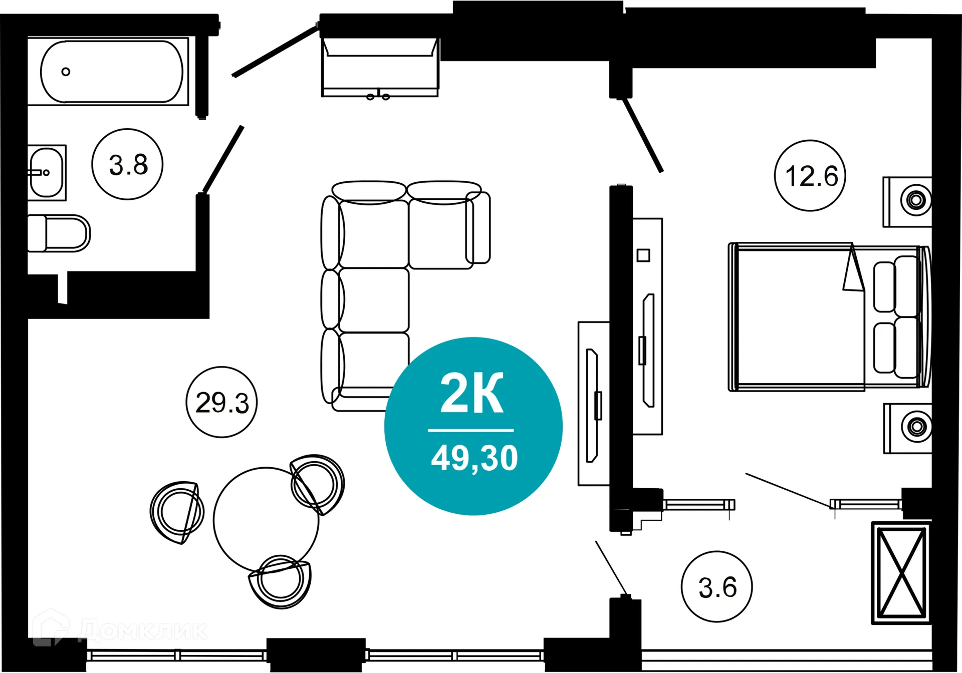 Планировка 2-комнатной квартиры 49.3 м² в ЖК Гостиничный комплекс "Нескучный сад", г. Сочи — фото 1