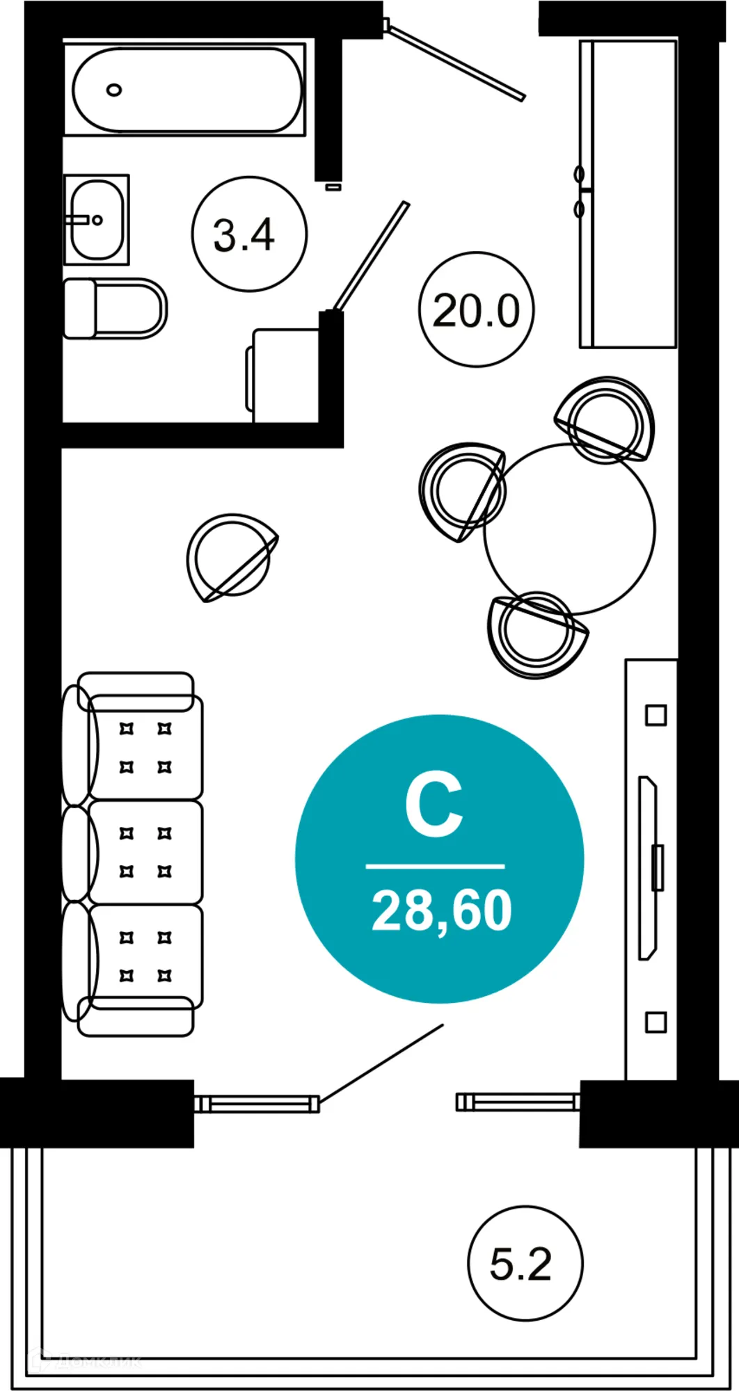 Планировка 1-комнатной квартиры 28.6 м² в ЖК Гостиничный комплекс "Нескучный сад", г. Сочи — фото 1
