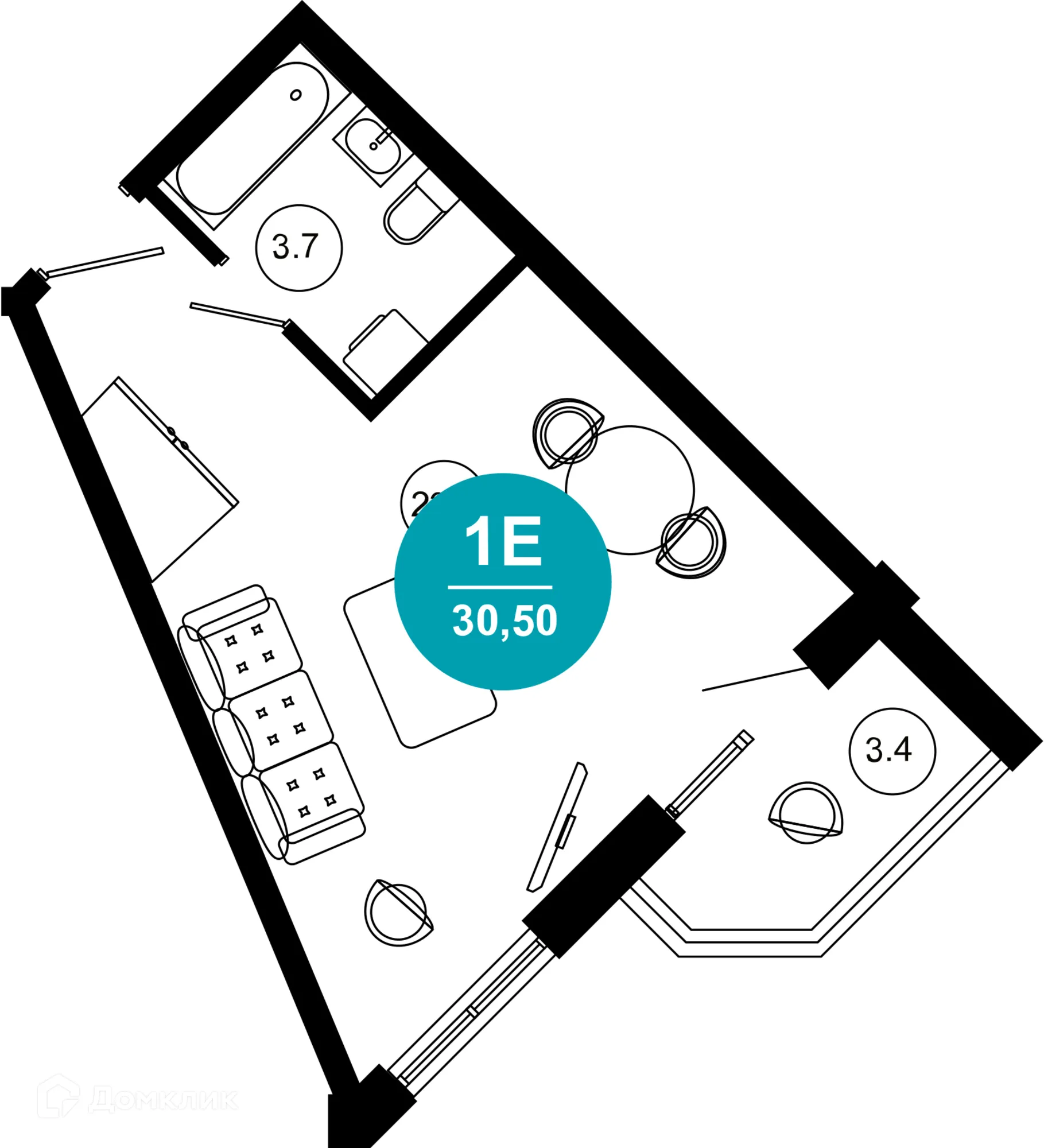 Планировка 1-комнатной квартиры 30.5 м² в ЖК Гостиничный комплекс "Нескучный сад", г. Сочи — фото 1