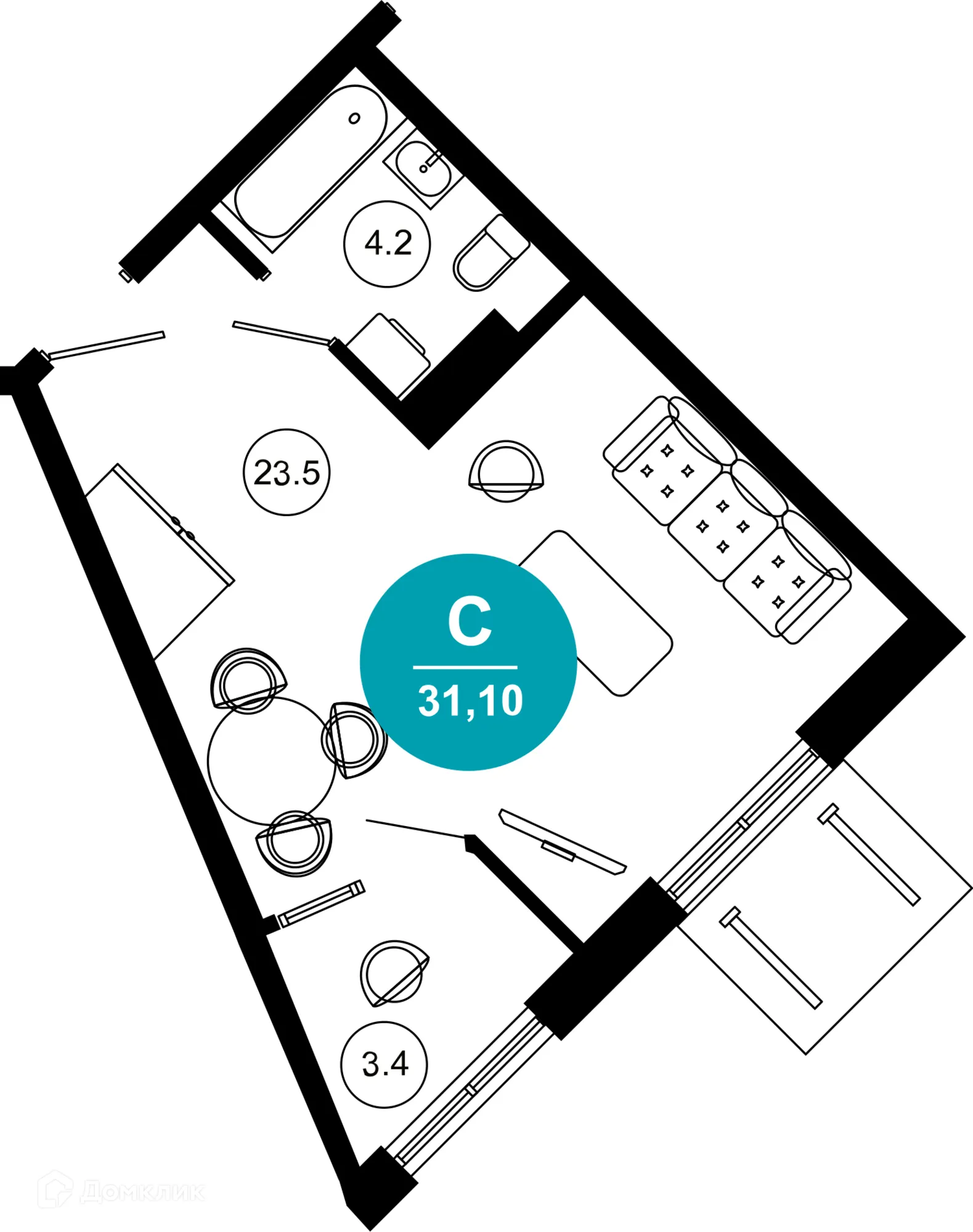 Планировка 1-комнатной квартиры 31.1 м² в ЖК Гостиничный комплекс "Нескучный сад", г. Сочи — фото 1