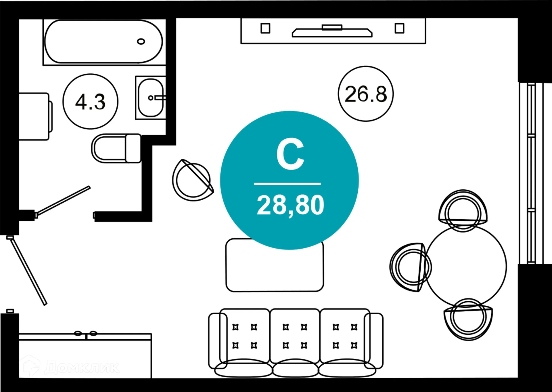 Планировка 1-комнатной квартиры 28.8 м² в ЖК Гостиничный комплекс "Нескучный сад", г. Сочи — фото 1
