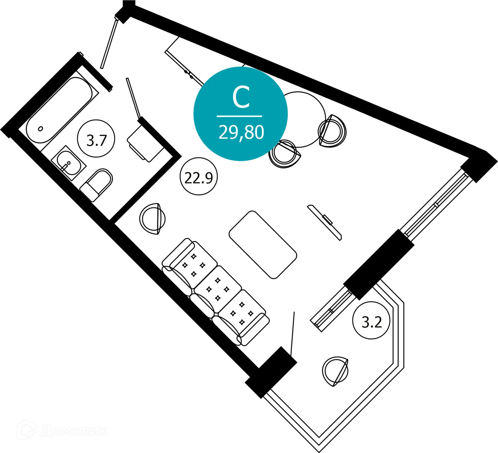 Планировка 1-комнатной квартиры 29.8 м² в ЖК Гостиничный комплекс "Нескучный сад", г. Сочи — фото 1