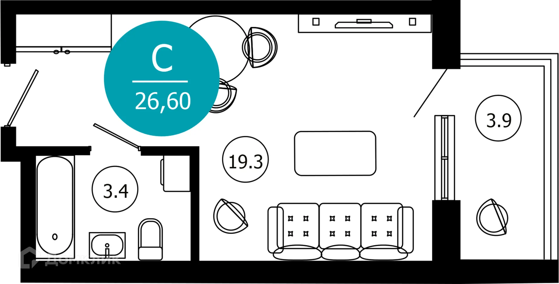 Планировка 1-комнатной квартиры 26.6 м² в ЖК Гостиничный комплекс "Нескучный сад", г. Сочи — фото 1