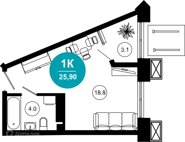 Планировка 1 комн. в ЖК Гостиничный комплекс "Нескучный сад"