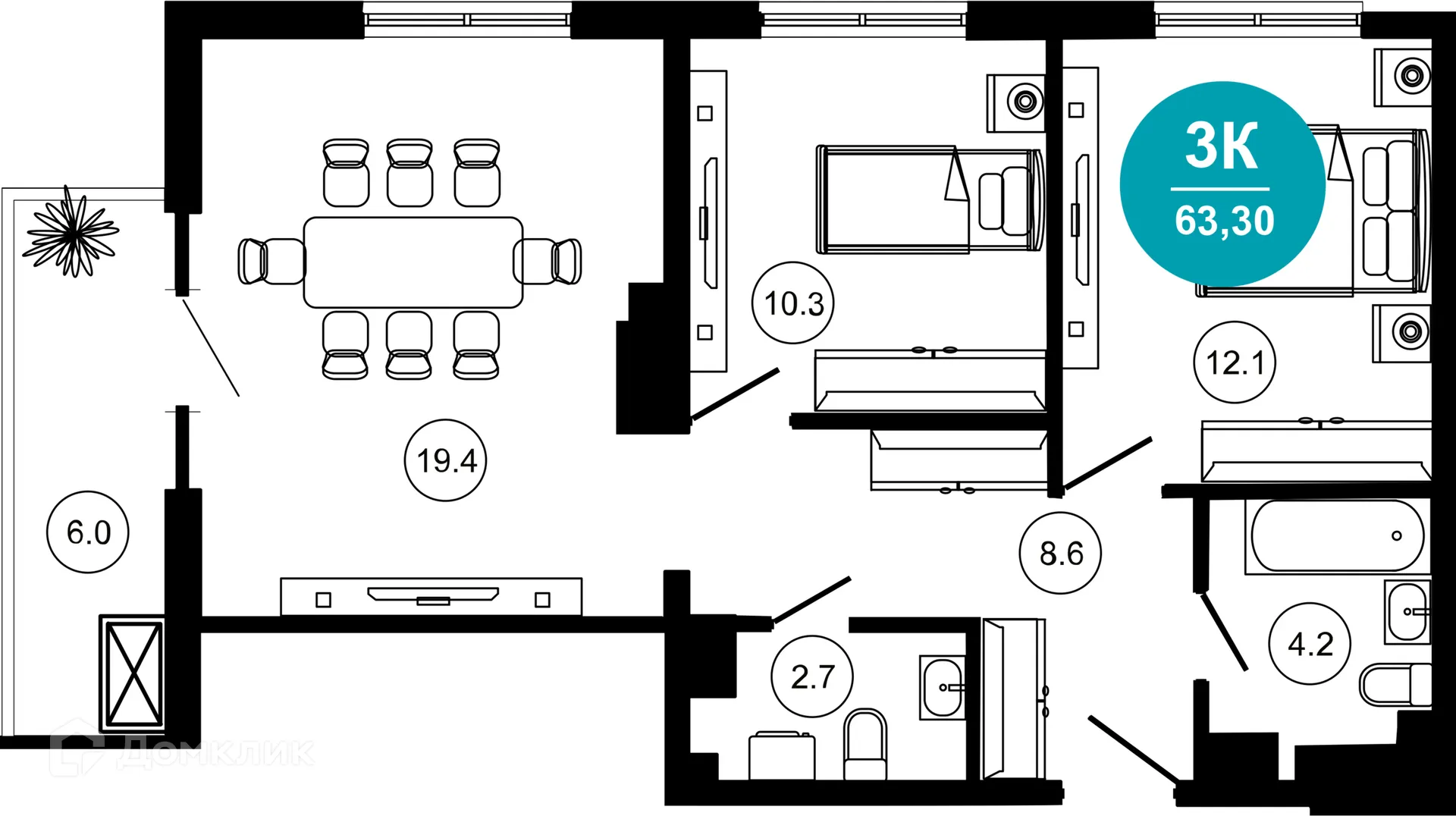 Планировка 3-комнатной квартиры 63.3 м² в ЖК Гостиничный комплекс "Нескучный сад", г. Сочи — фото 1