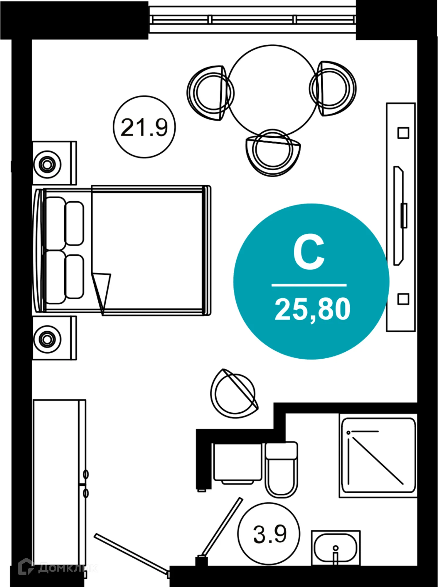 Планировка 1-комнатной квартиры 25.8 м² в ЖК Гостиничный комплекс "Нескучный сад", г. Сочи — фото 1