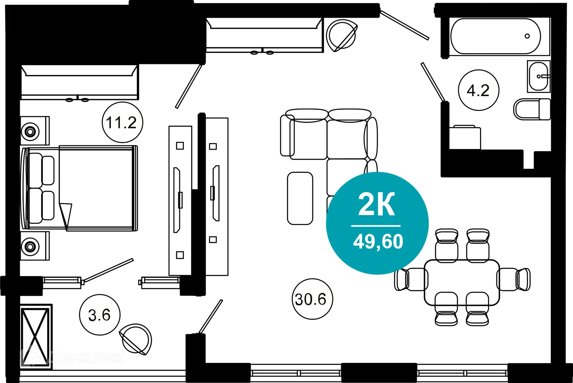 Планировка 2-комнатной квартиры 49.6 м² в ЖК Гостиничный комплекс "Нескучный сад", г. Сочи — фото 1