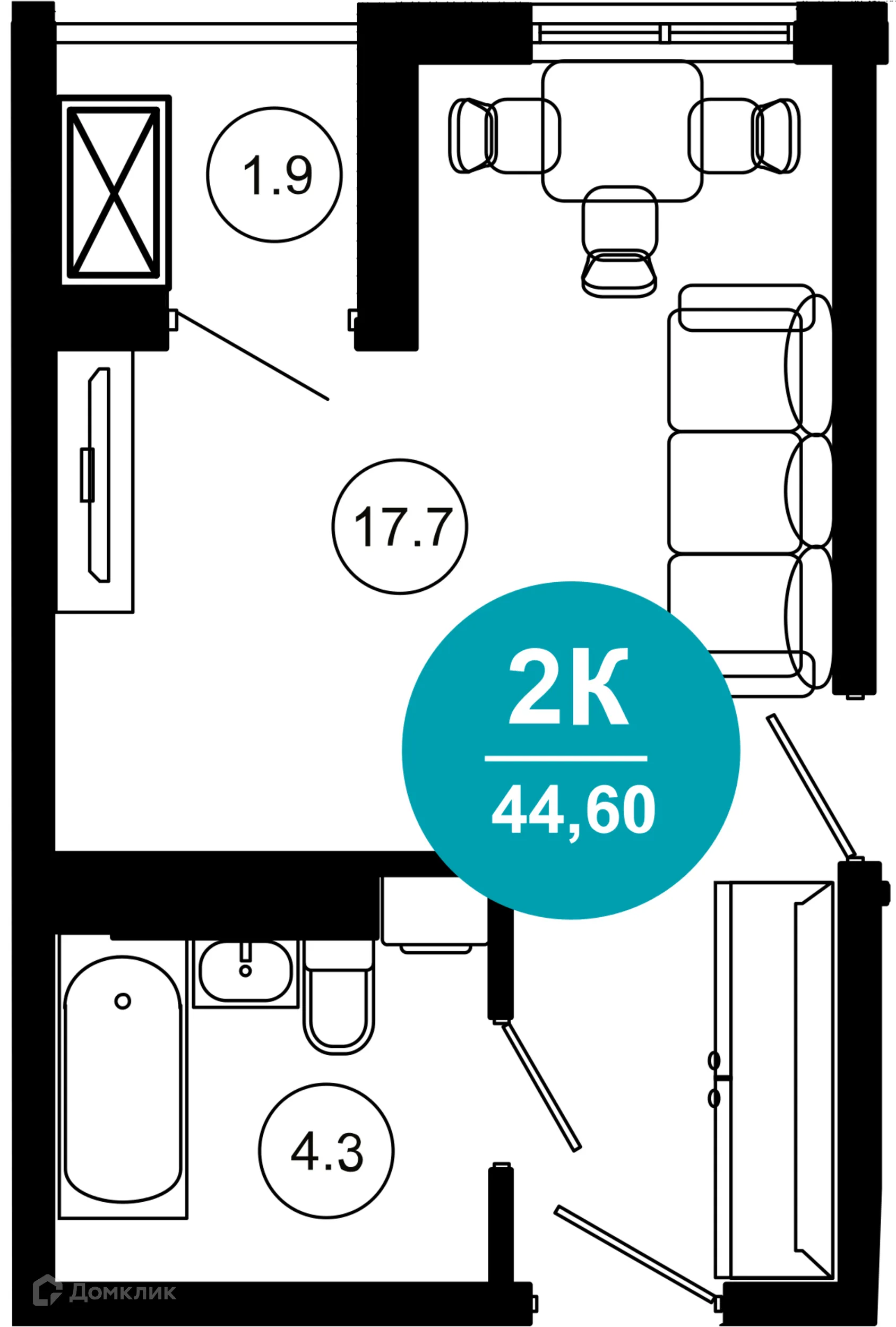 Планировка 2-комнатной квартиры 44.6 м² в ЖК Гостиничный комплекс "Нескучный сад", г. Сочи — фото 1