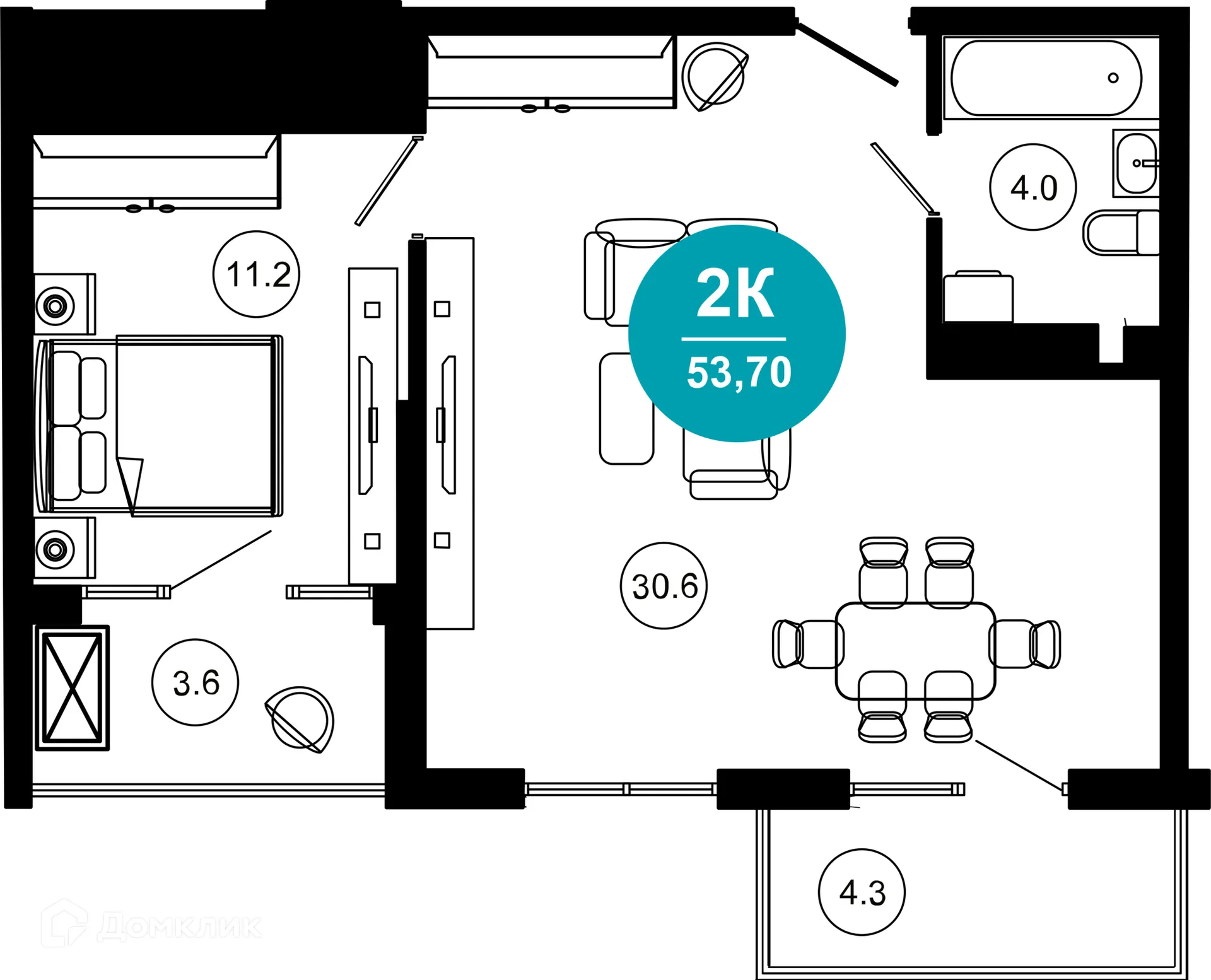 Планировка 2-комнатной квартиры 53.8 м² в ЖК Гостиничный комплекс "Нескучный сад", г. Сочи — фото 1