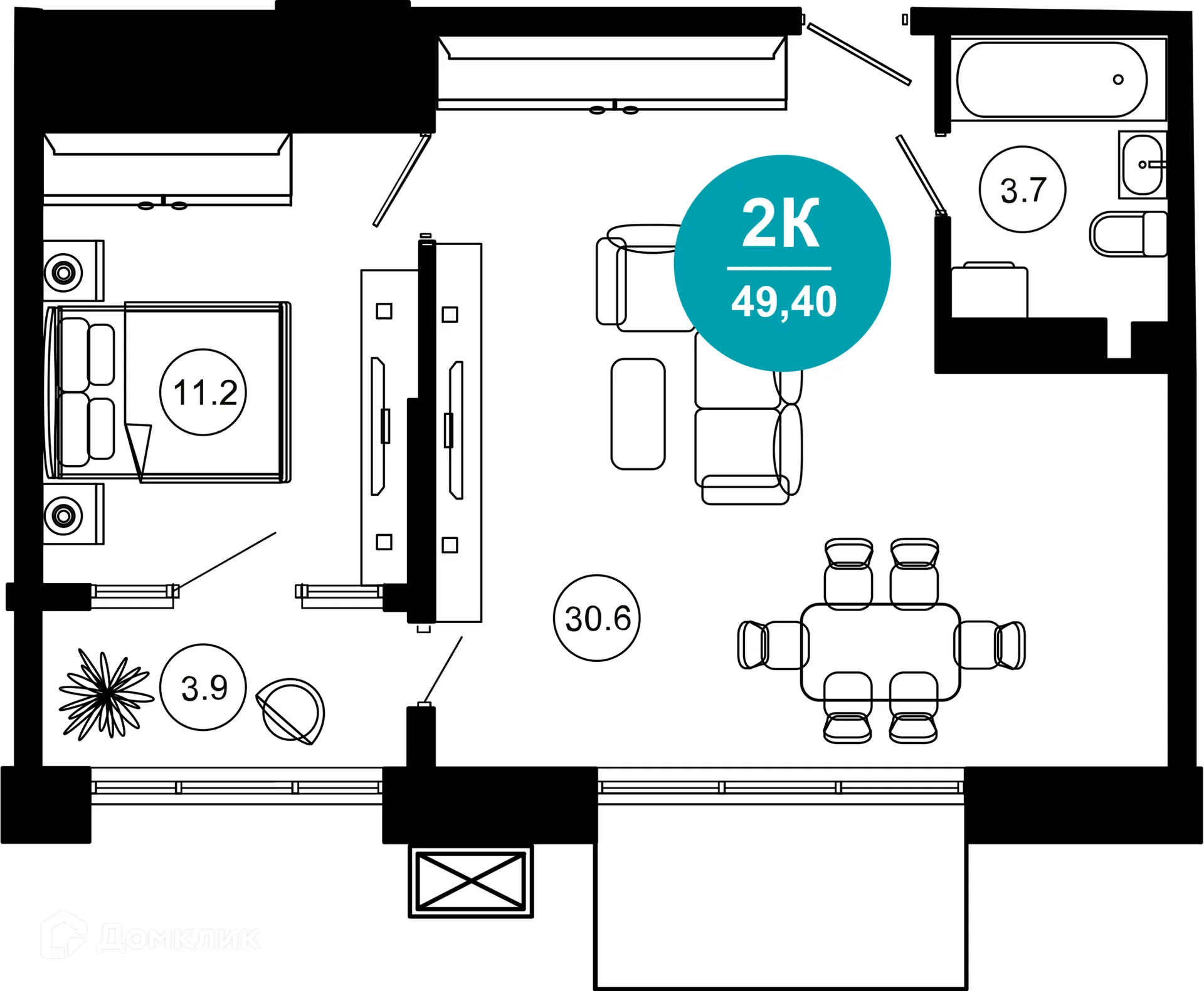 Планировка 2-комнатной квартиры 49.7 м² в ЖК Гостиничный комплекс "Нескучный сад", г. Сочи — фото 1