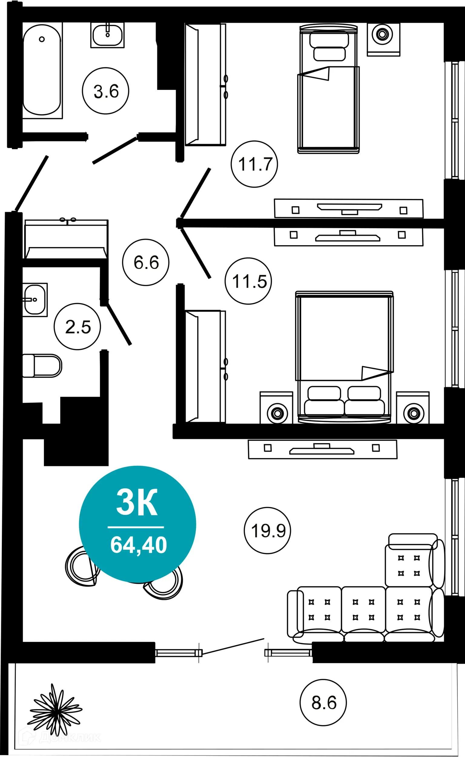 Планировка 3-комнатной квартиры 64.4 м² в ЖК Гостиничный комплекс "Нескучный сад", г. Сочи — фото 1