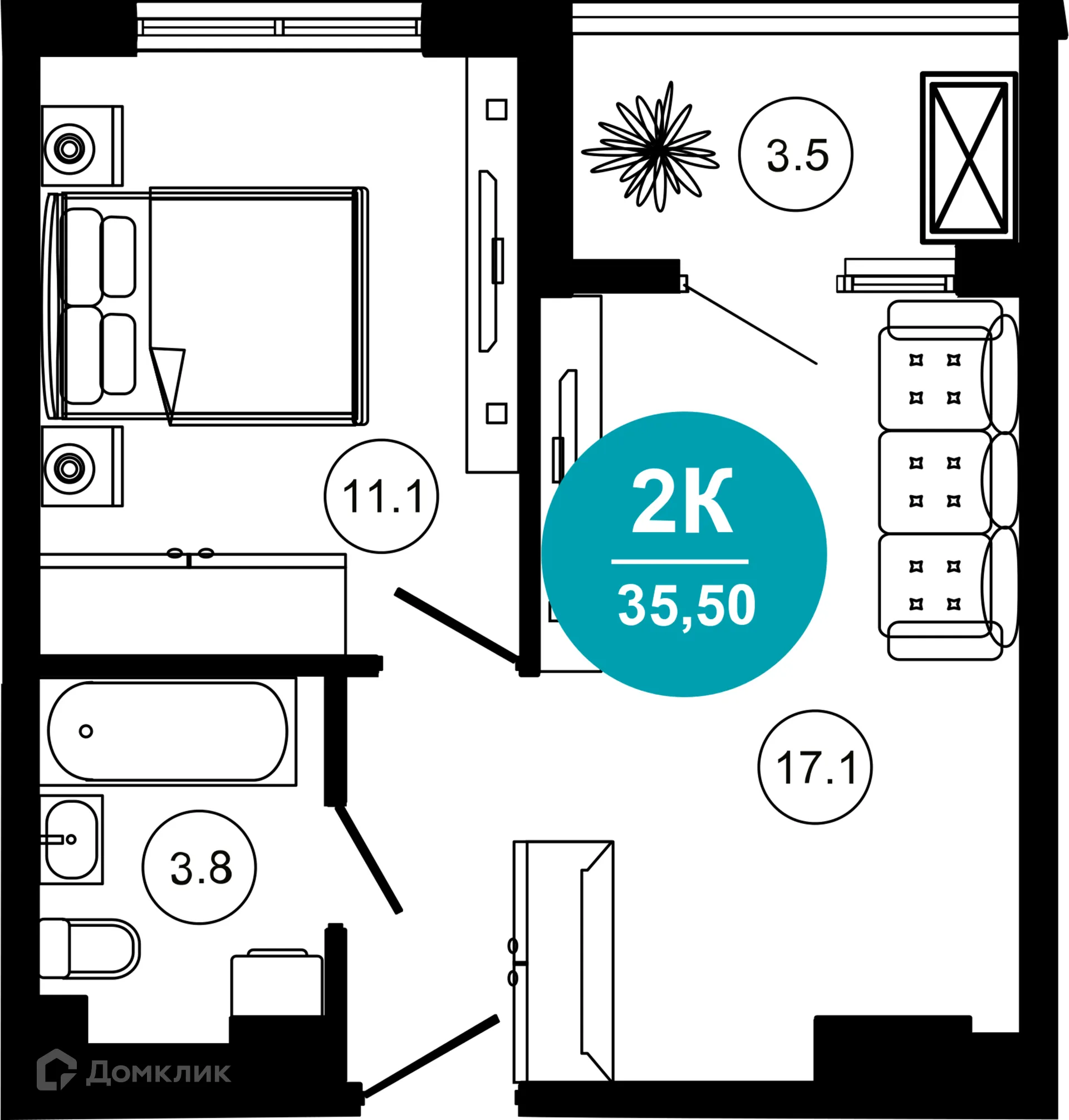 Планировка 2-комнатной квартиры 35.5 м² в ЖК Гостиничный комплекс "Нескучный сад", г. Сочи — фото 1
