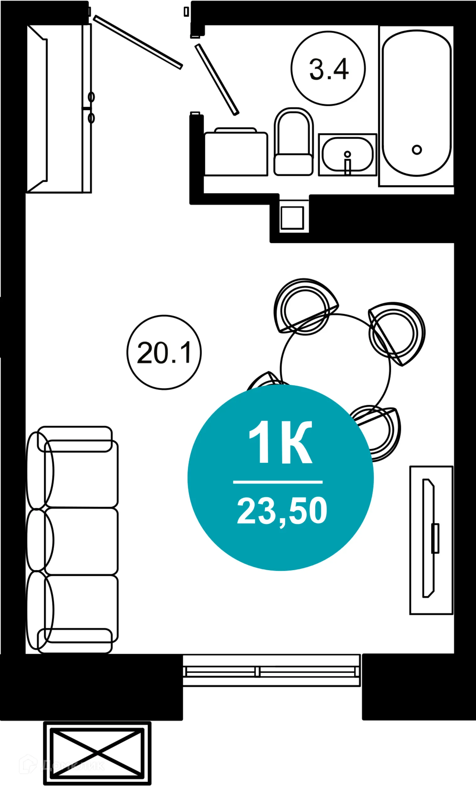 Планировка 1-комнатной квартиры 23.5 м² в ЖК Гостиничный комплекс "Нескучный сад", г. Сочи — фото 1