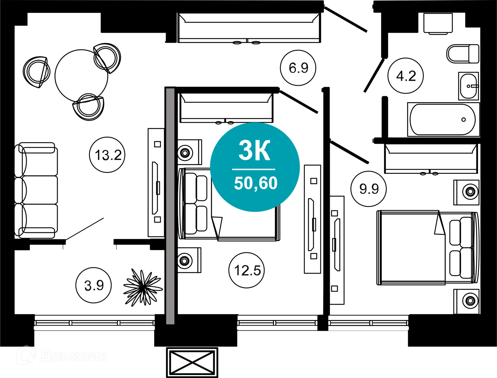 Планировка 3-комнатной квартиры 50.6 м² в ЖК Гостиничный комплекс "Нескучный сад", г. Сочи — фото 1