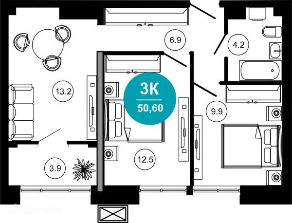 Планировка 3 комн. в ЖК Гостиничный комплекс "Нескучный сад"