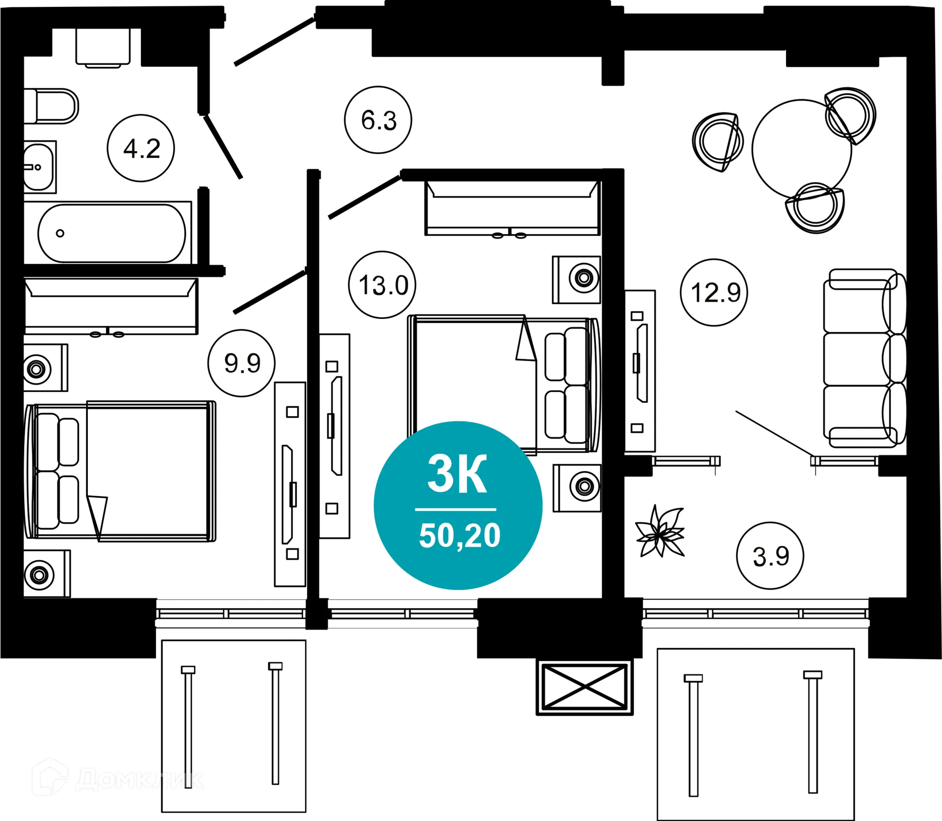 Планировка 3-комнатной квартиры 50.2 м² в ЖК Гостиничный комплекс "Нескучный сад", г. Сочи — фото 1