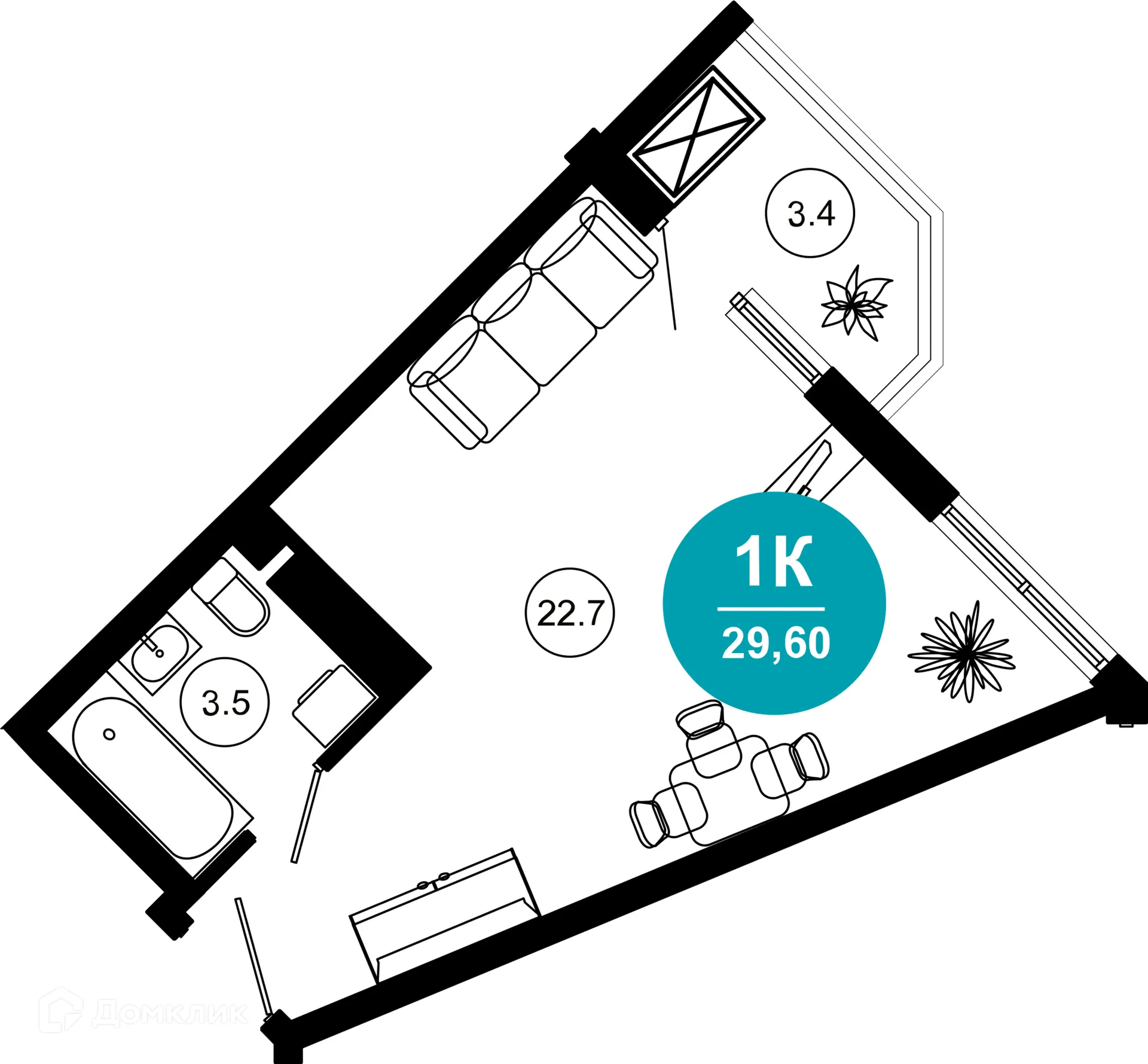 Планировка 1-комнатной квартиры 29.6 м² в ЖК Гостиничный комплекс "Нескучный сад", г. Сочи — фото 1