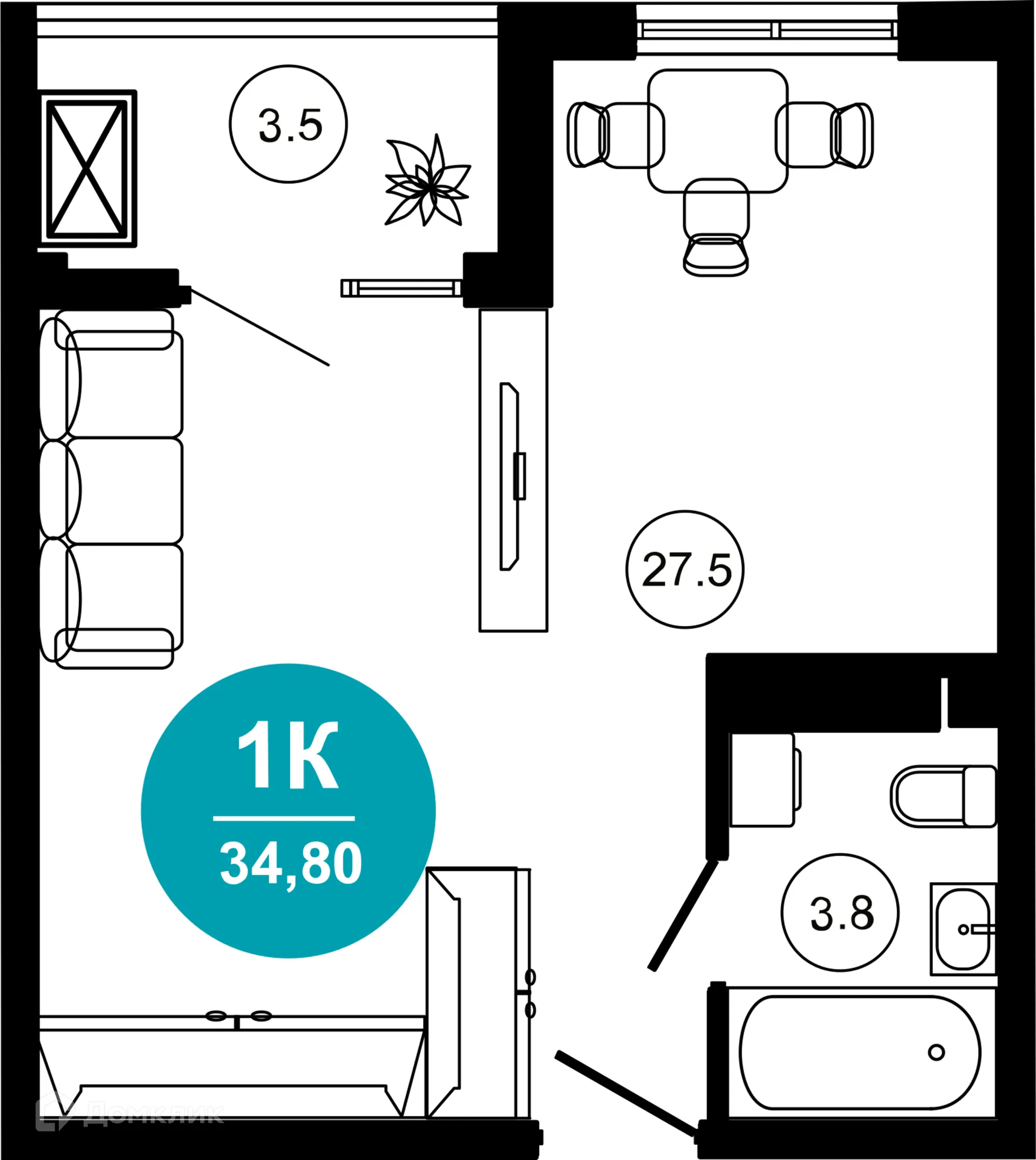 Планировка 1-комнатной квартиры 34.8 м² в ЖК Гостиничный комплекс "Нескучный сад", г. Сочи — фото 1