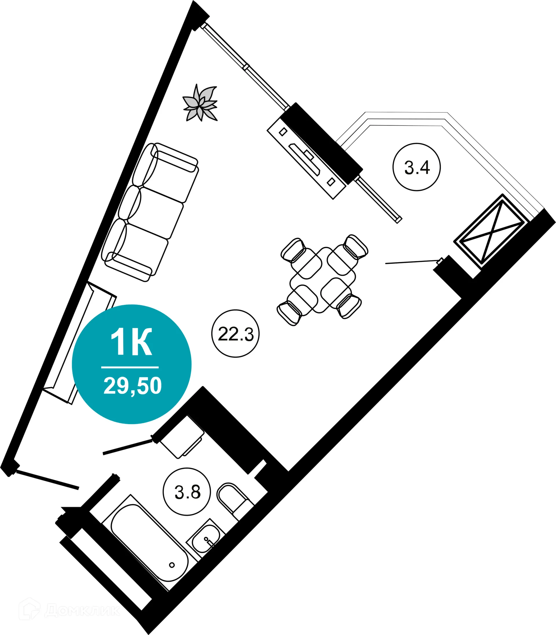 Планировка 1-комнатной квартиры 29.5 м² в ЖК Гостиничный комплекс "Нескучный сад", г. Сочи — фото 1