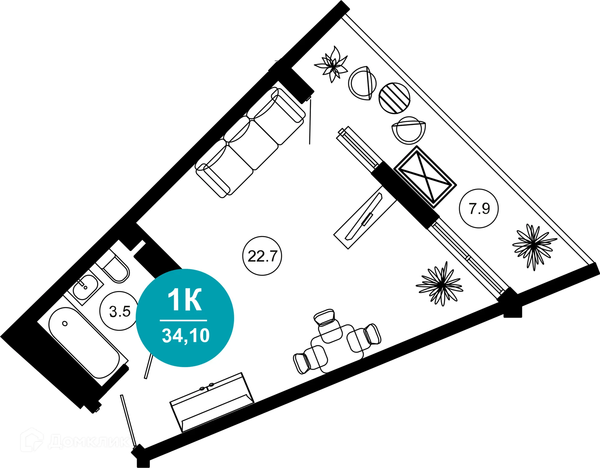 Планировка 1-комнатной квартиры 34.1 м² в ЖК Гостиничный комплекс "Нескучный сад", г. Сочи — фото 1