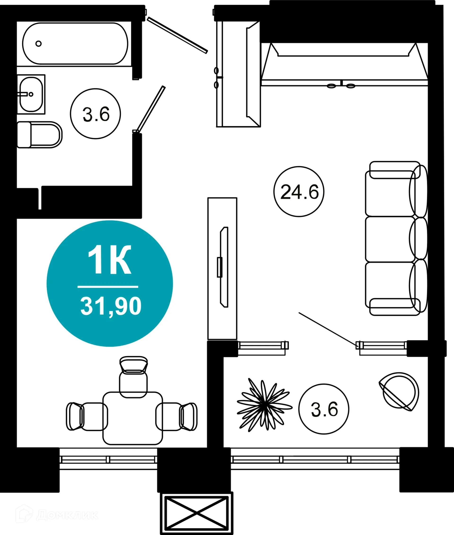 Планировка 1-комнатной квартиры 31.9 м² в ЖК Гостиничный комплекс "Нескучный сад", г. Сочи — фото 1