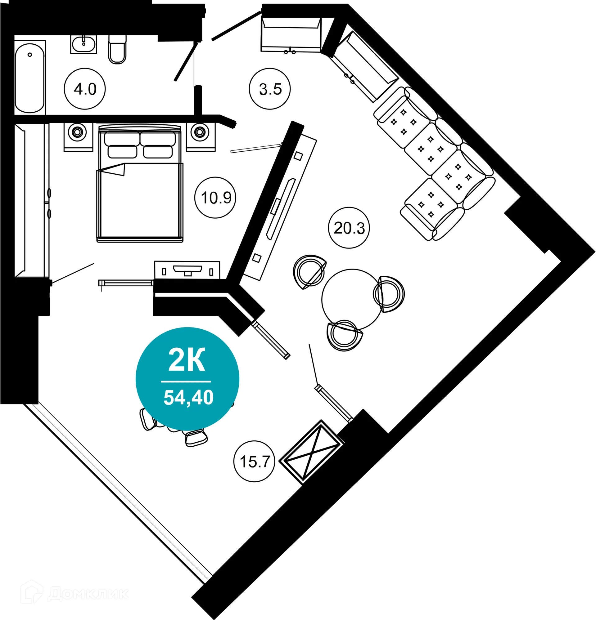 Планировка 2-комнатной квартиры 54.4 м² в ЖК Гостиничный комплекс "Нескучный сад", г. Сочи — фото 1
