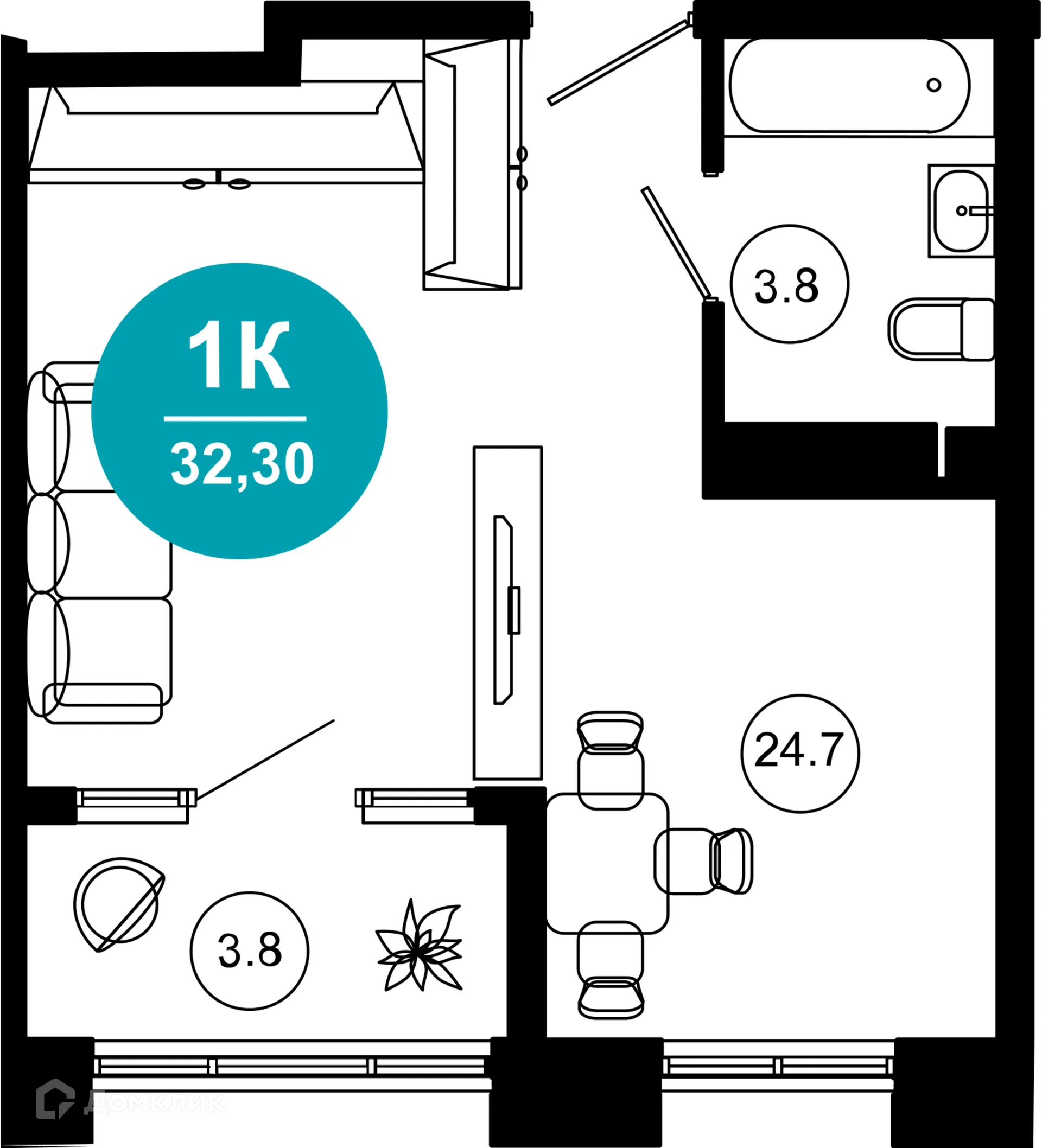 Планировка 1-комнатной квартиры 32.3 м² в ЖК Гостиничный комплекс "Нескучный сад", г. Сочи — фото 1