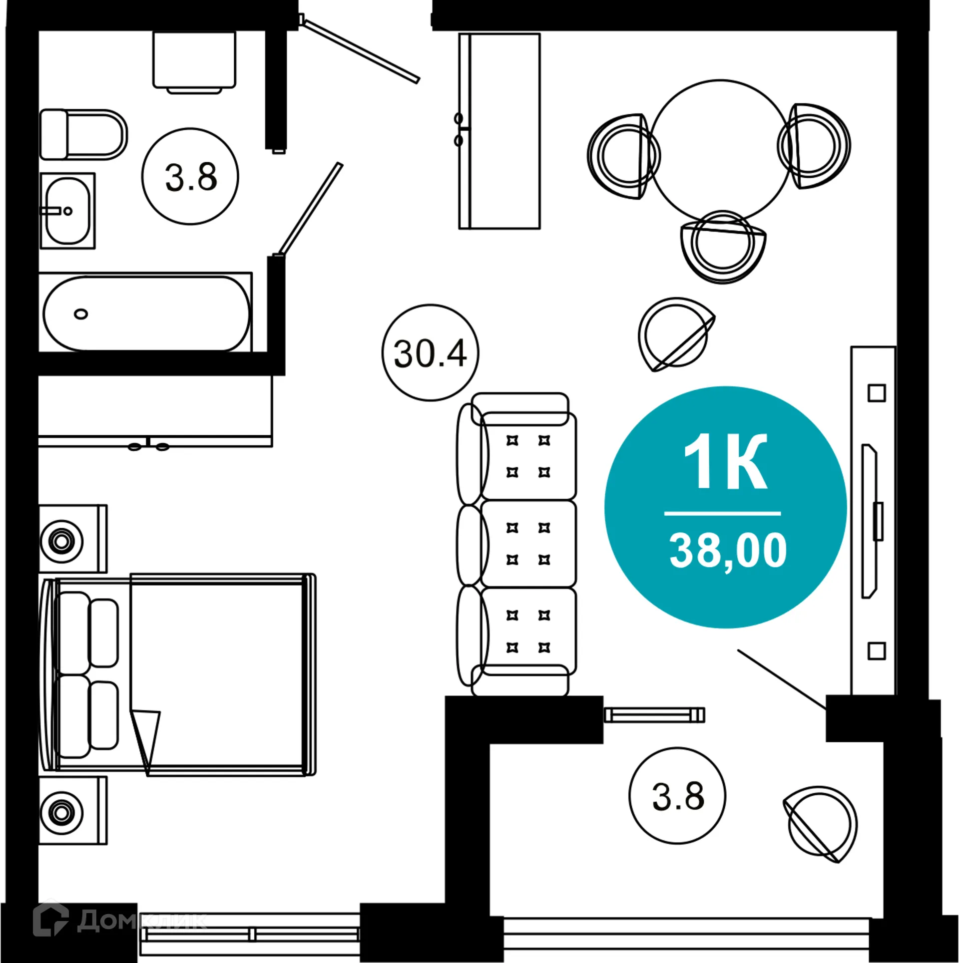 Планировка 1-комнатной квартиры 38 м² в ЖК Гостиничный комплекс "Нескучный сад", г. Сочи — фото 1