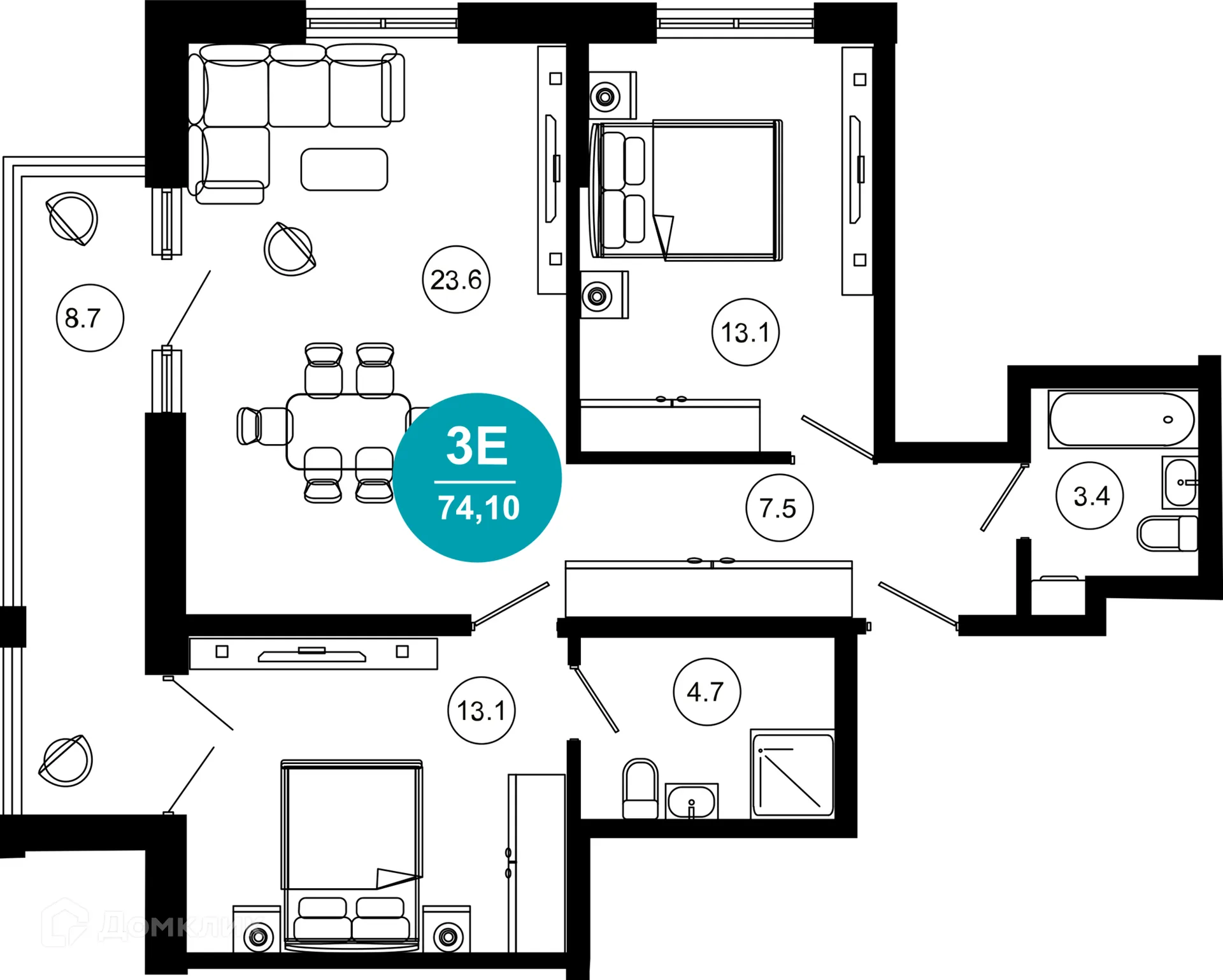 Планировка 3-комнатной квартиры 74.1 м² в ЖК Гостиничный комплекс "Нескучный сад", г. Сочи — фото 1