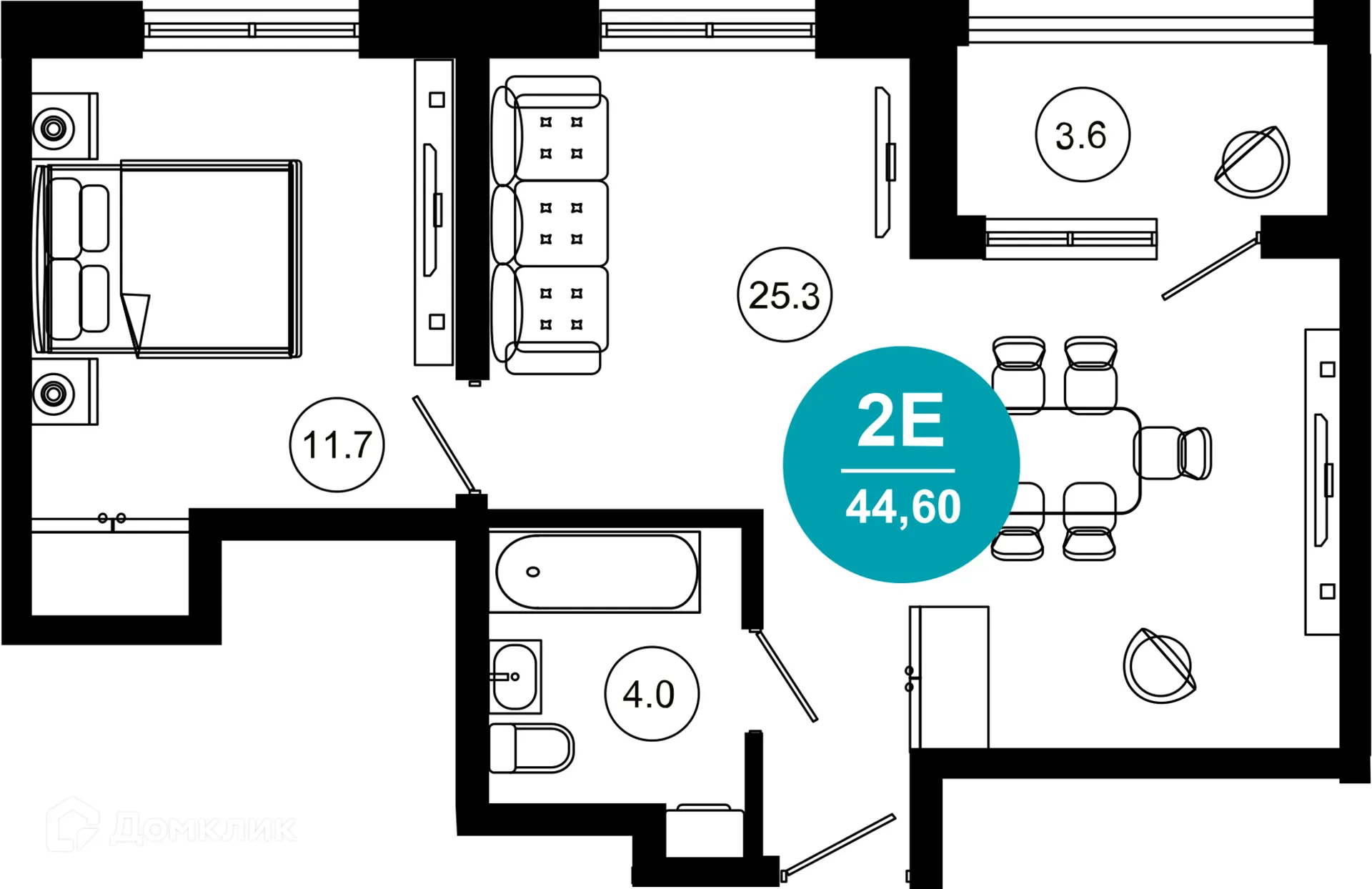 Планировка 2-комнатной квартиры 44.6 м² в ЖК Гостиничный комплекс "Нескучный сад", г. Сочи — фото 1