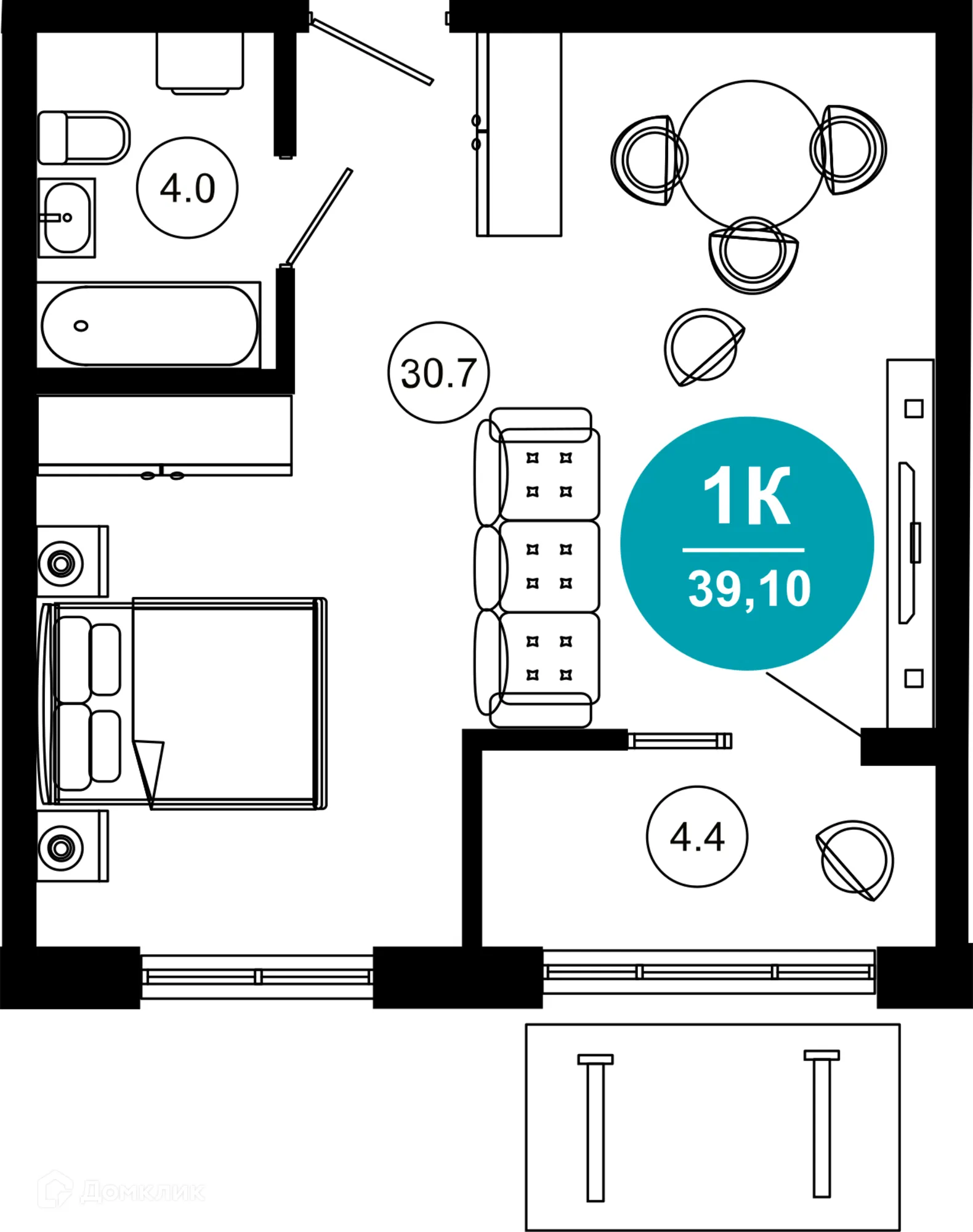 Планировка 1-комнатной квартиры 39.1 м² в ЖК Гостиничный комплекс "Нескучный сад", г. Сочи — фото 1