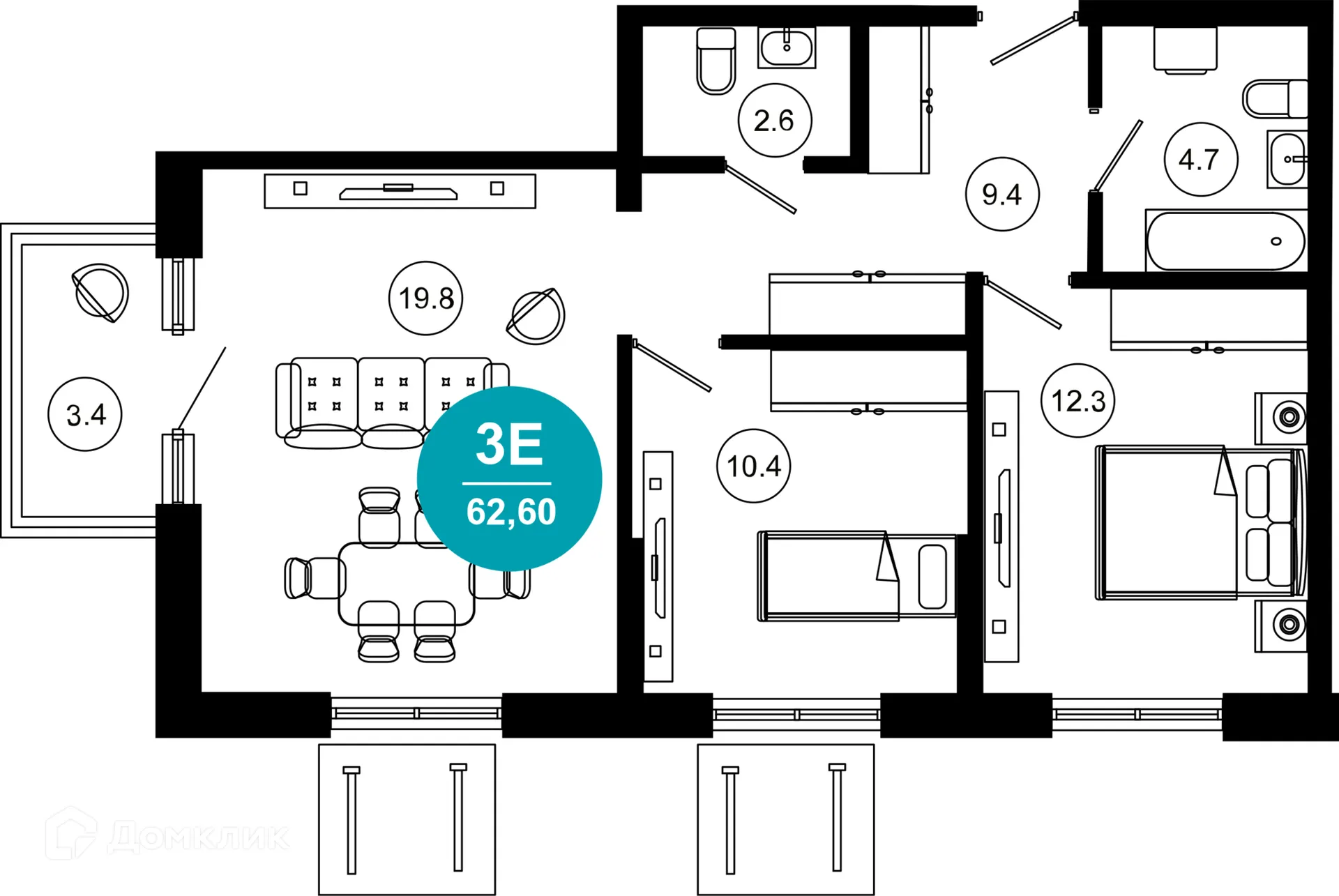Планировка 3-комнатной квартиры 62.6 м² в ЖК Гостиничный комплекс "Нескучный сад", г. Сочи — фото 1