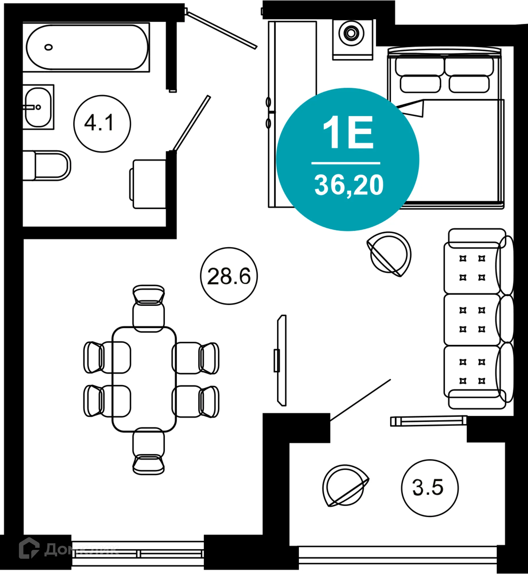 Планировка 1-комнатной квартиры 36.2 м² в ЖК Гостиничный комплекс "Нескучный сад", г. Сочи — фото 1