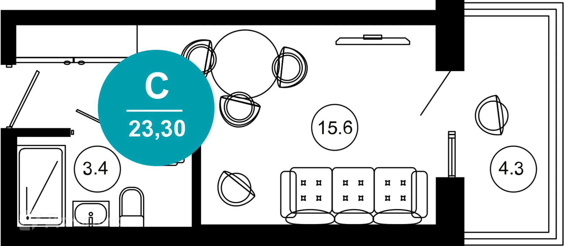 Планировка 1-комнатной квартиры 23.3 м² в ЖК Гостиничный комплекс "Нескучный сад", г. Сочи — фото 1