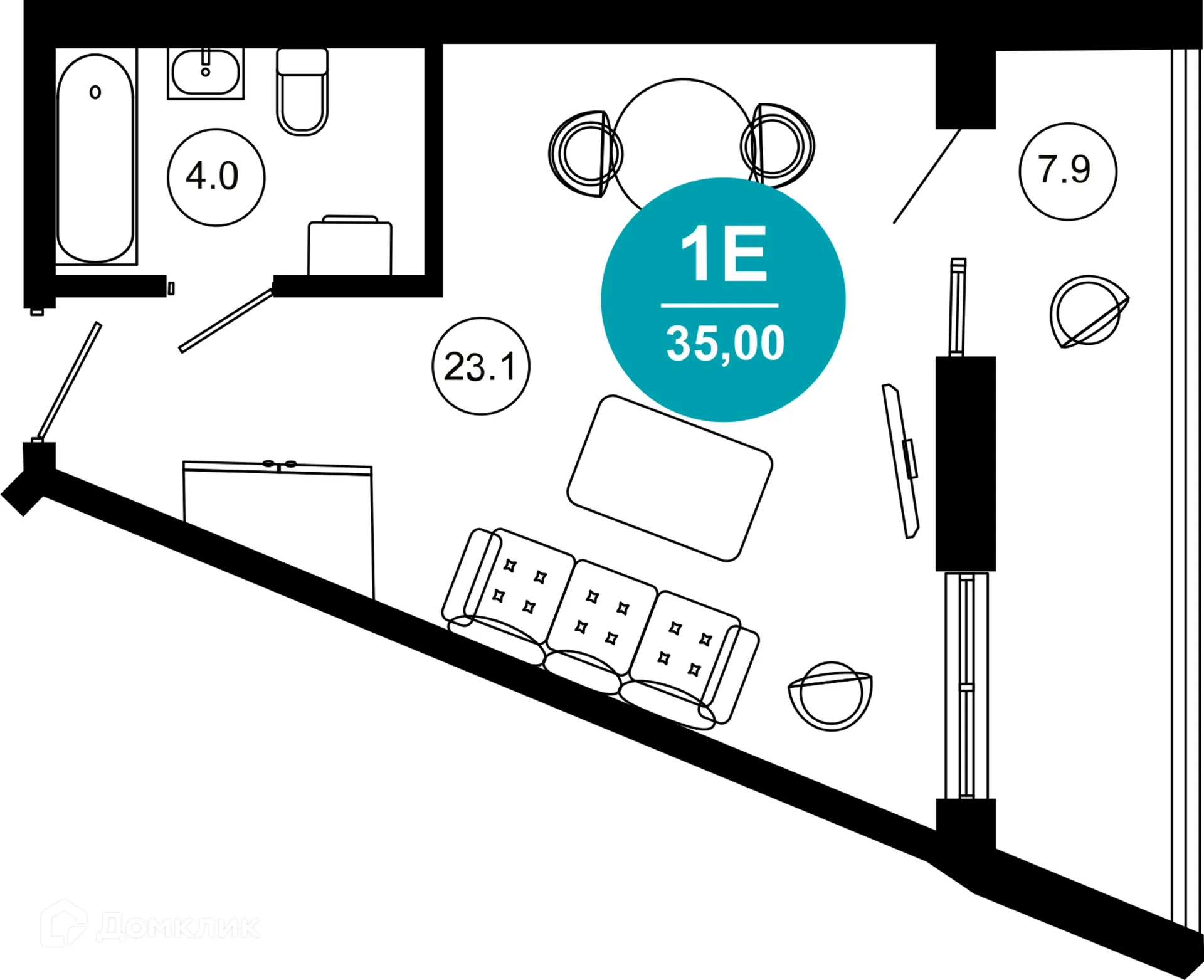Планировка 1-комнатной квартиры 35 м² в ЖК Гостиничный комплекс "Нескучный сад", г. Сочи — фото 1