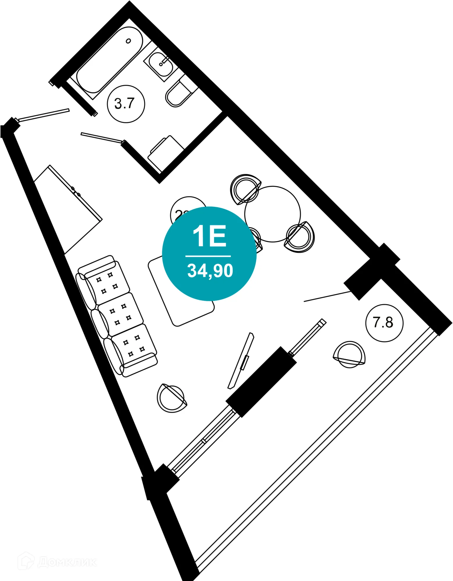Планировка 1-комнатной квартиры 34.9 м² в ЖК Гостиничный комплекс "Нескучный сад", г. Сочи — фото 1