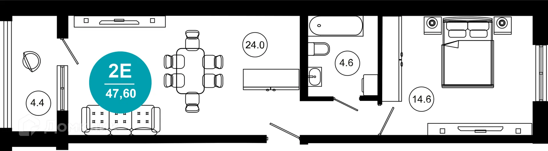 Планировка 2-комнатной квартиры 47.6 м² в ЖК Гостиничный комплекс "Нескучный сад", г. Сочи — фото 1