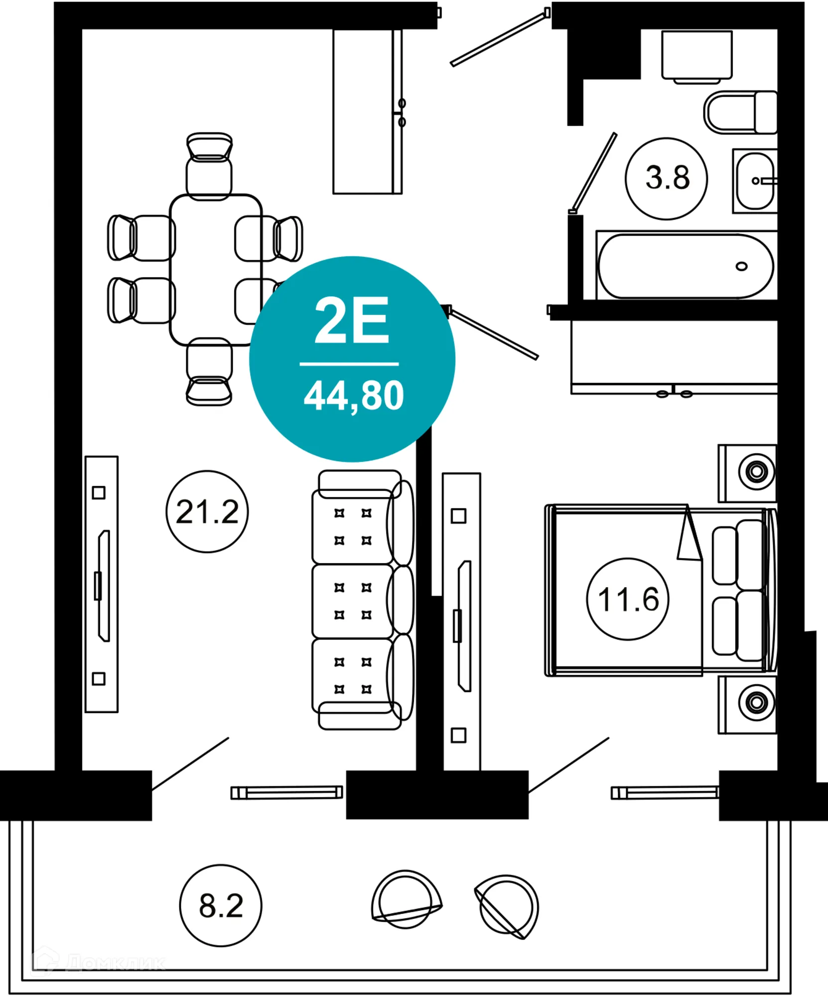 Планировка 2-комнатной квартиры 44.8 м² в ЖК Гостиничный комплекс "Нескучный сад", г. Сочи — фото 1
