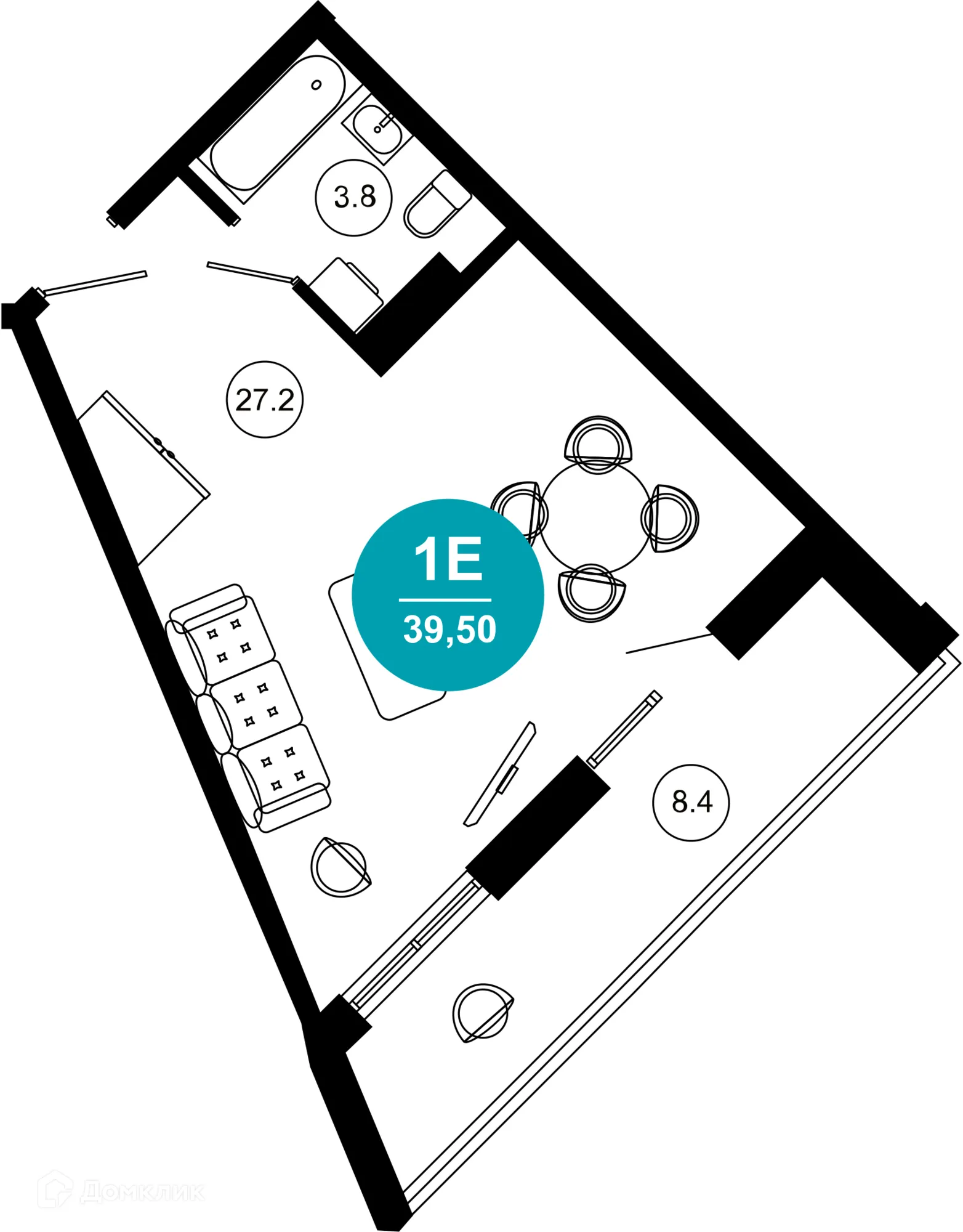 Планировка 1-комнатной квартиры 39.5 м² в ЖК Гостиничный комплекс "Нескучный сад", г. Сочи — фото 1