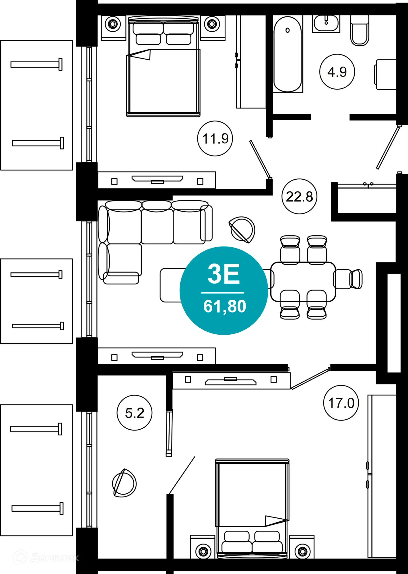 Планировка 3-комнатной квартиры 61.8 м² в ЖК Гостиничный комплекс "Нескучный сад", г. Сочи — фото 1