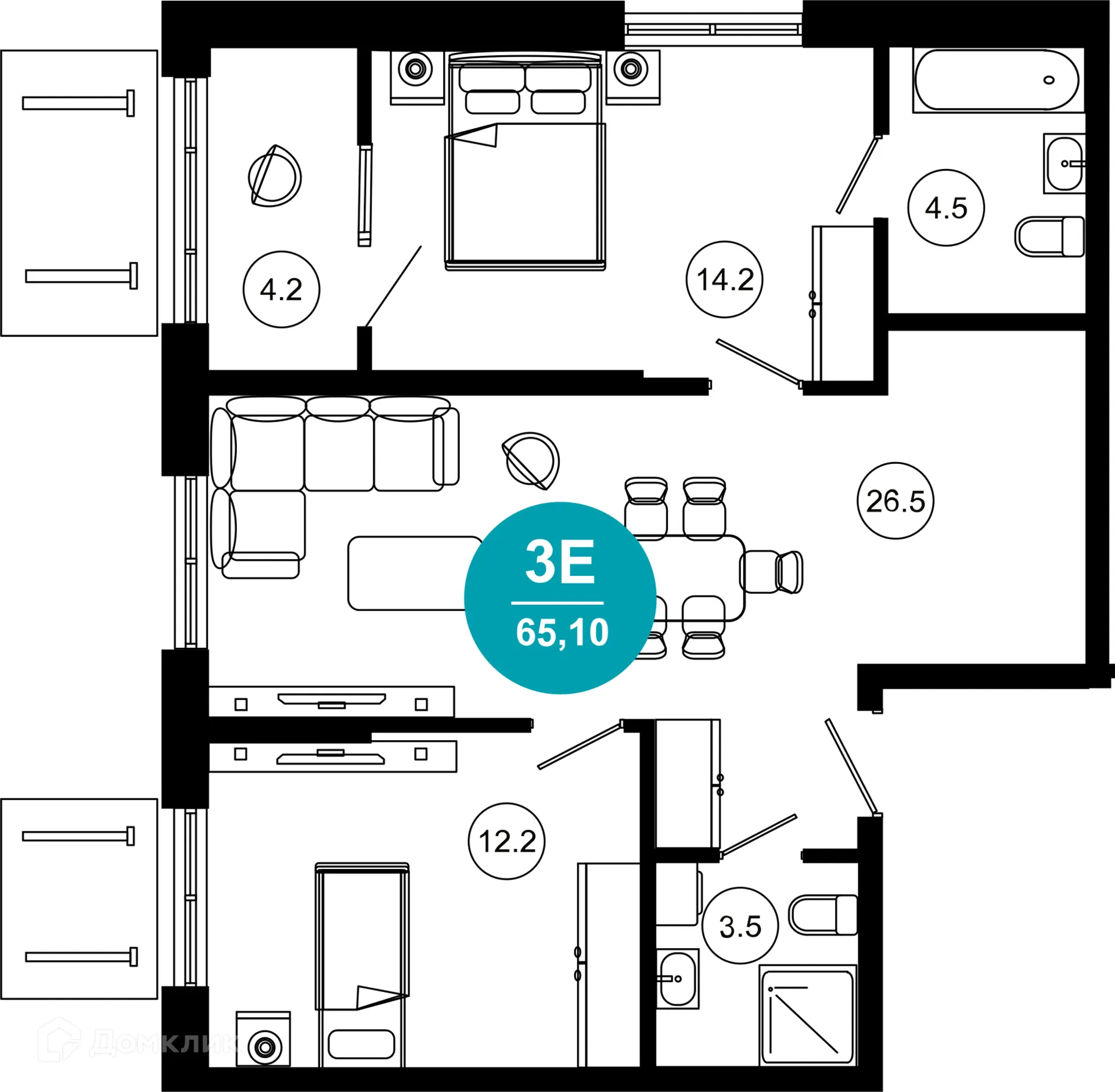 Планировка 3-комнатной квартиры 65.1 м² в ЖК Гостиничный комплекс "Нескучный сад", г. Сочи — фото 1