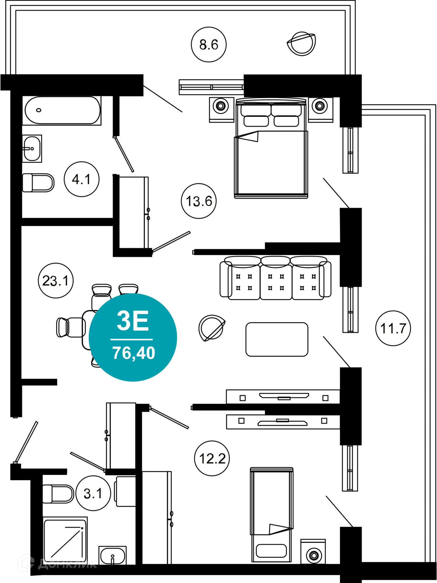 Планировка 3-комнатной квартиры 76.4 м² в ЖК Гостиничный комплекс "Нескучный сад", г. Сочи — фото 1