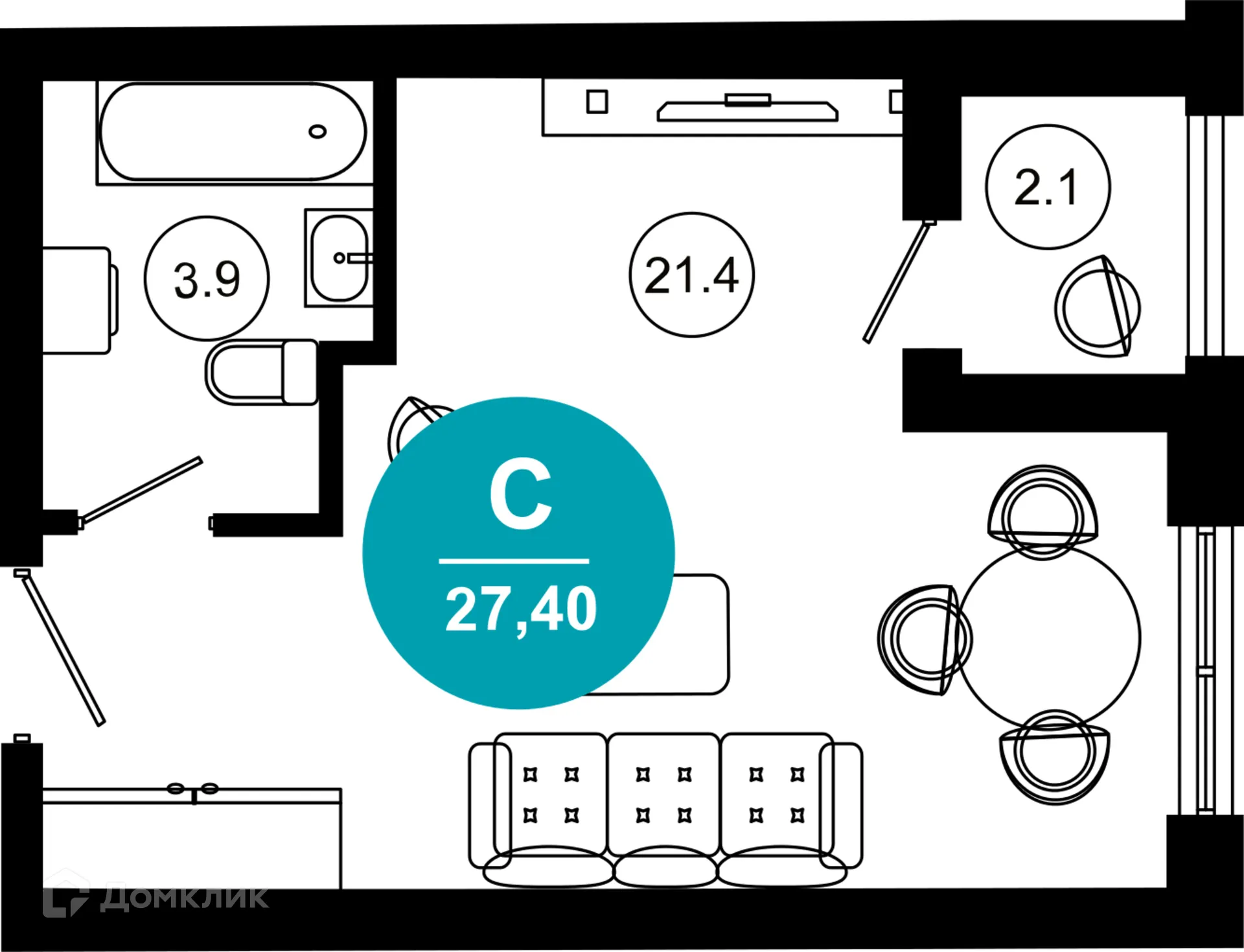Планировка 1-комнатной квартиры 27.4 м² в ЖК Гостиничный комплекс "Нескучный сад", г. Сочи — фото 1