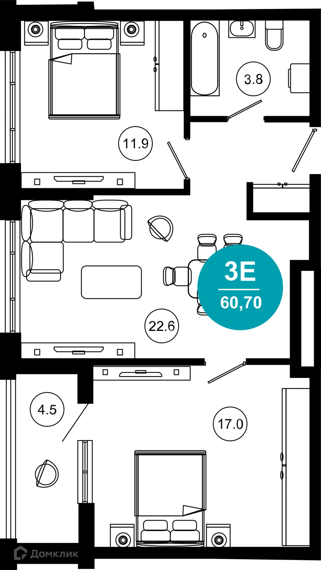 Планировка 3-комнатной квартиры 60.7 м² в ЖК Гостиничный комплекс "Нескучный сад", г. Сочи — фото 1