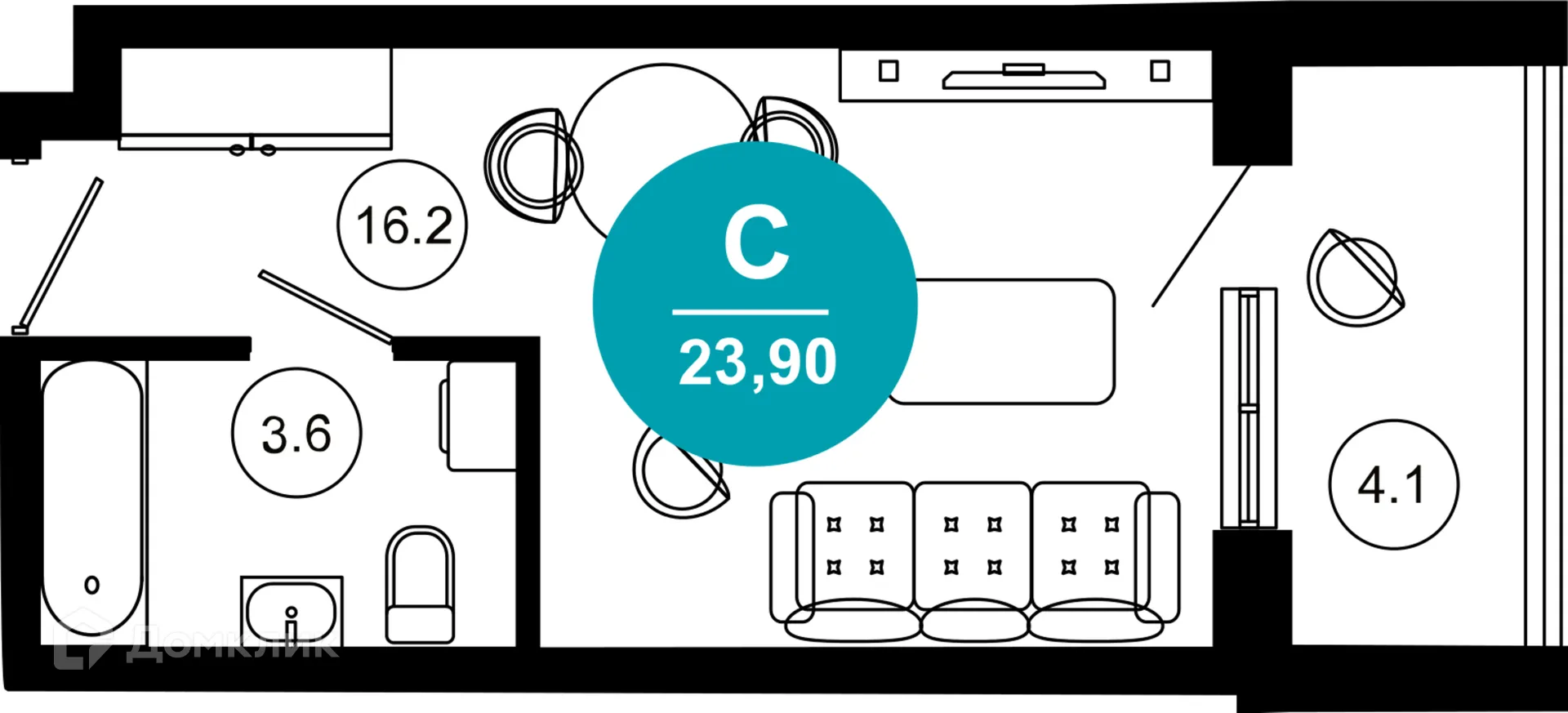 Планировка 1-комнатной квартиры 23.9 м² в ЖК Гостиничный комплекс "Нескучный сад", г. Сочи — фото 1