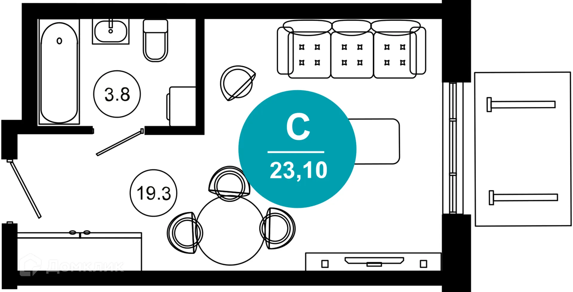 Планировка 1-комнатной квартиры 23.1 м² в ЖК Гостиничный комплекс "Нескучный сад", г. Сочи — фото 1