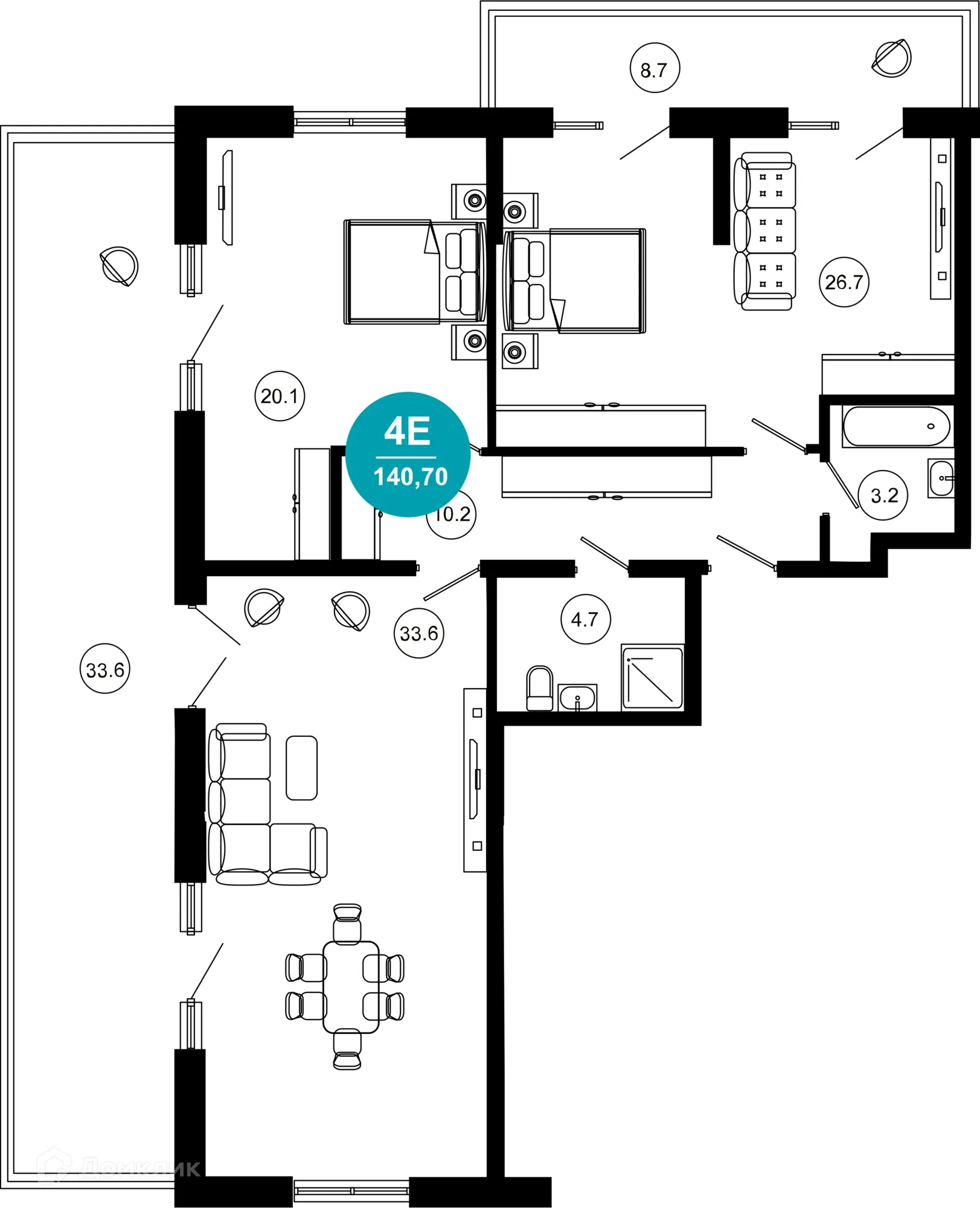 Планировка 3-комнатной квартиры 140.7 м² в ЖК Гостиничный комплекс "Нескучный сад", г. Сочи — фото 1